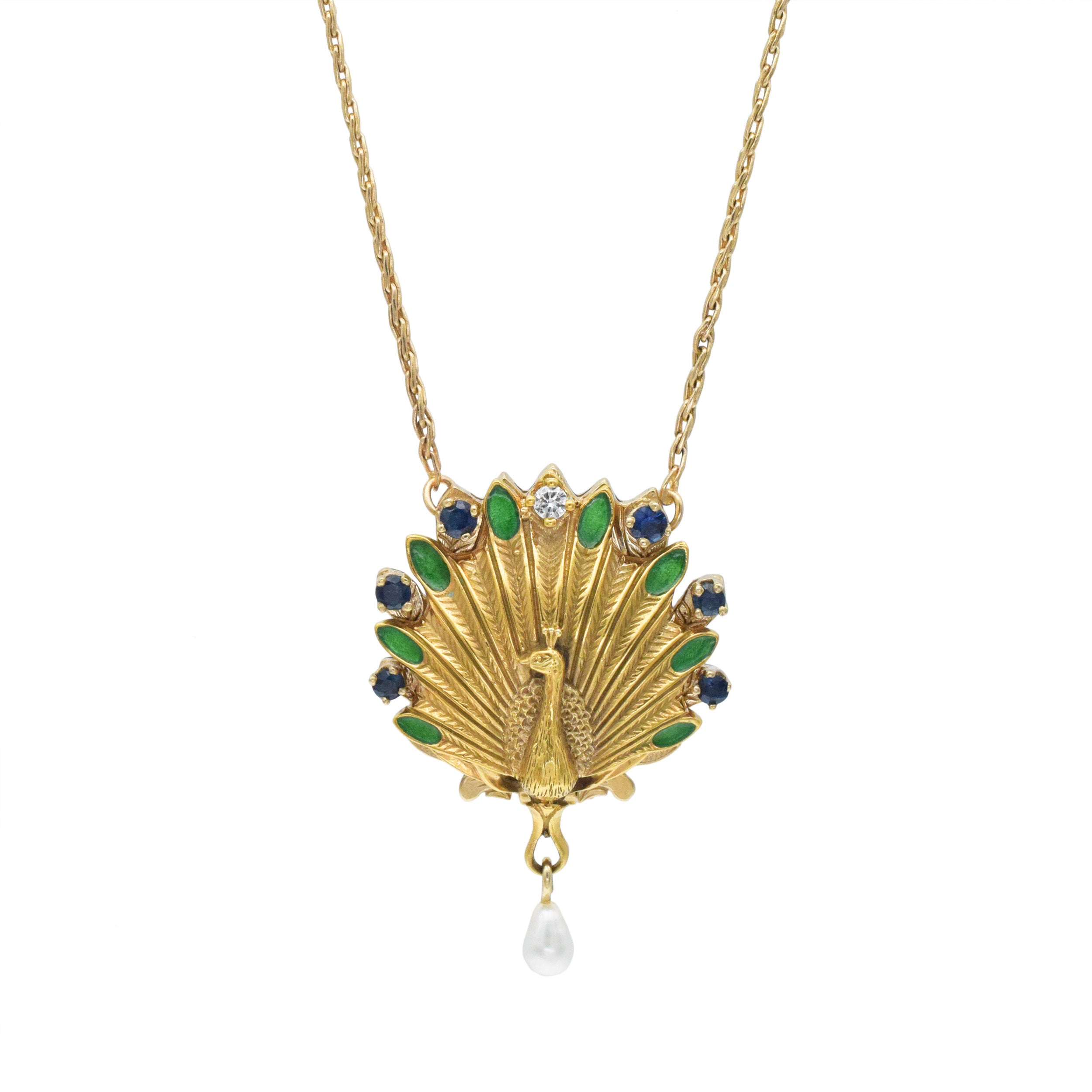 Faberge - Igor Carl Faberge Gem Set And Enamel Peacock Pendant Watch Necklace In 14k Yellow Gold