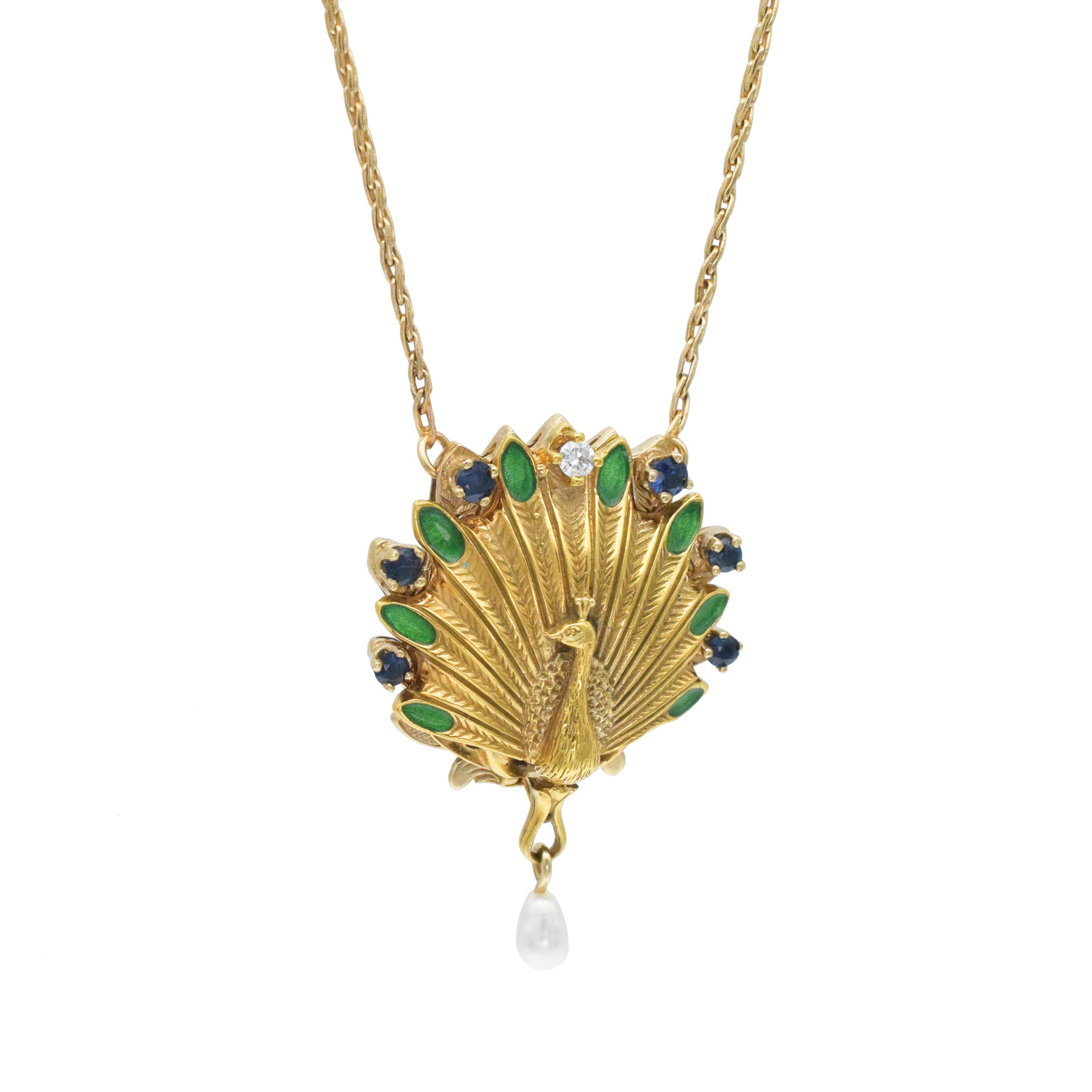Faberge - Igor Carl Faberge Gem Set And Enamel Peacock Pendant Watch Necklace In 14k Yellow Gold