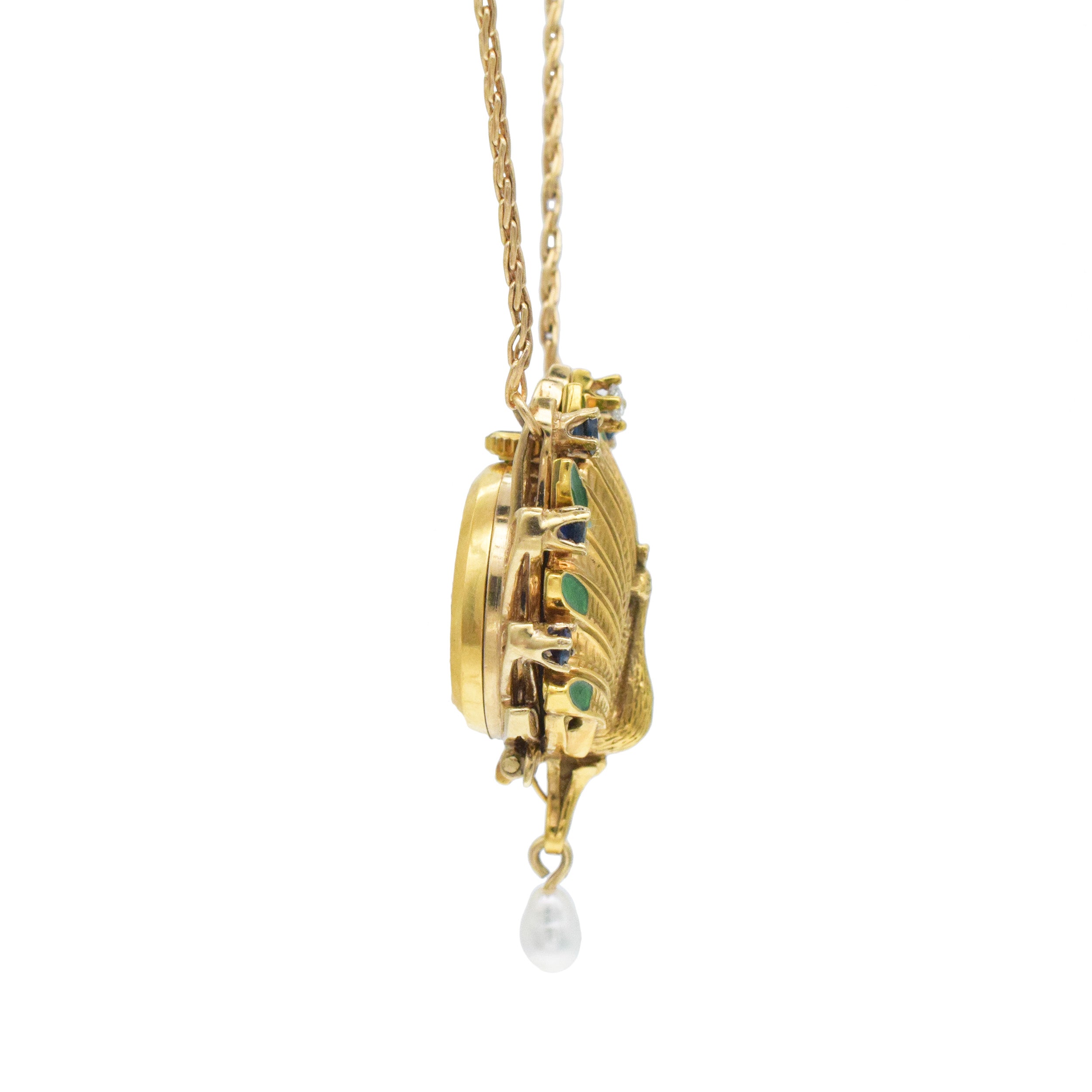 Faberge - Igor Carl Faberge Gem Set And Enamel Peacock Pendant Watch Necklace In 14k Yellow Gold