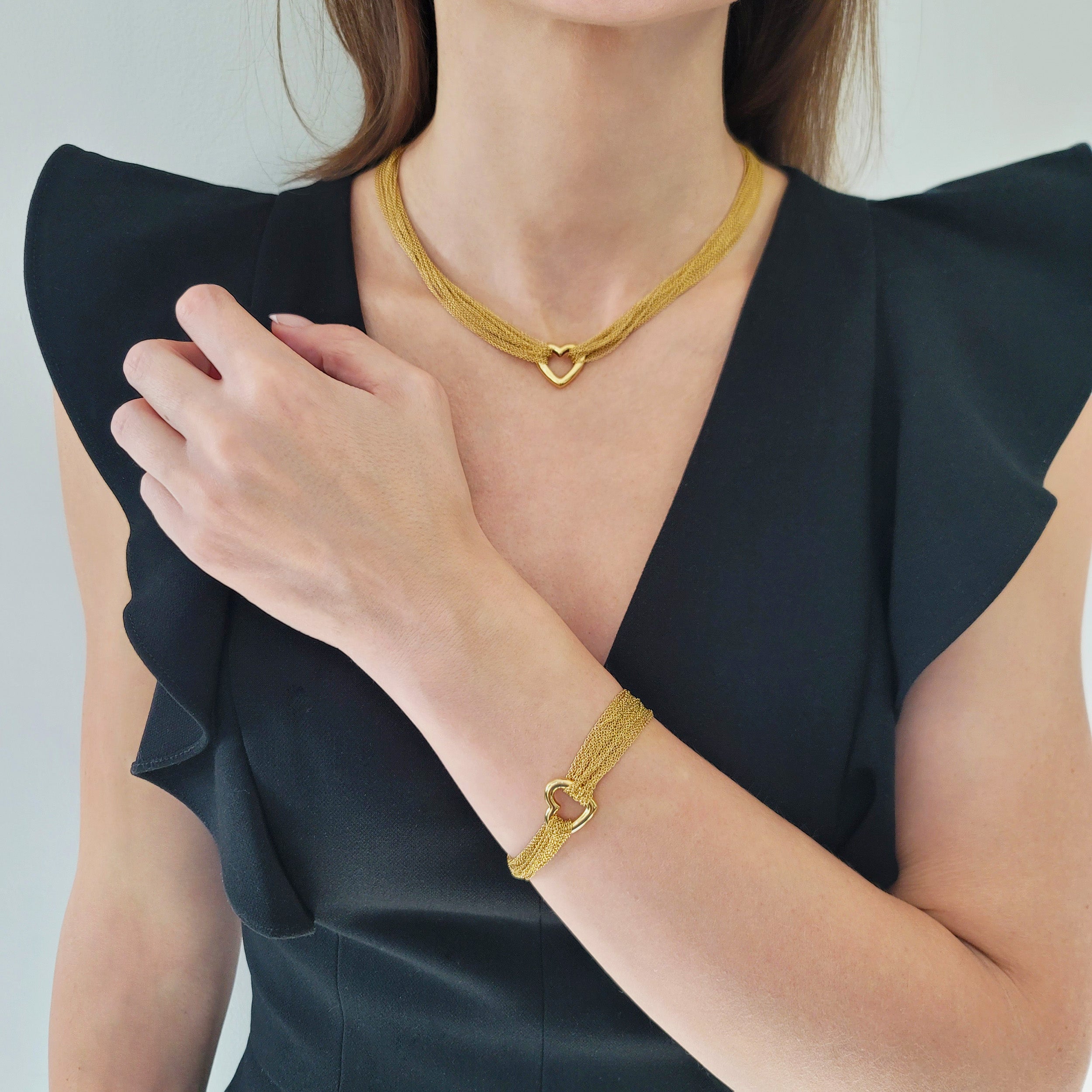 Tiffany & Co. Multi Strand Chain Heart Necklace And Bracelet Set In 18k Yellow Gold