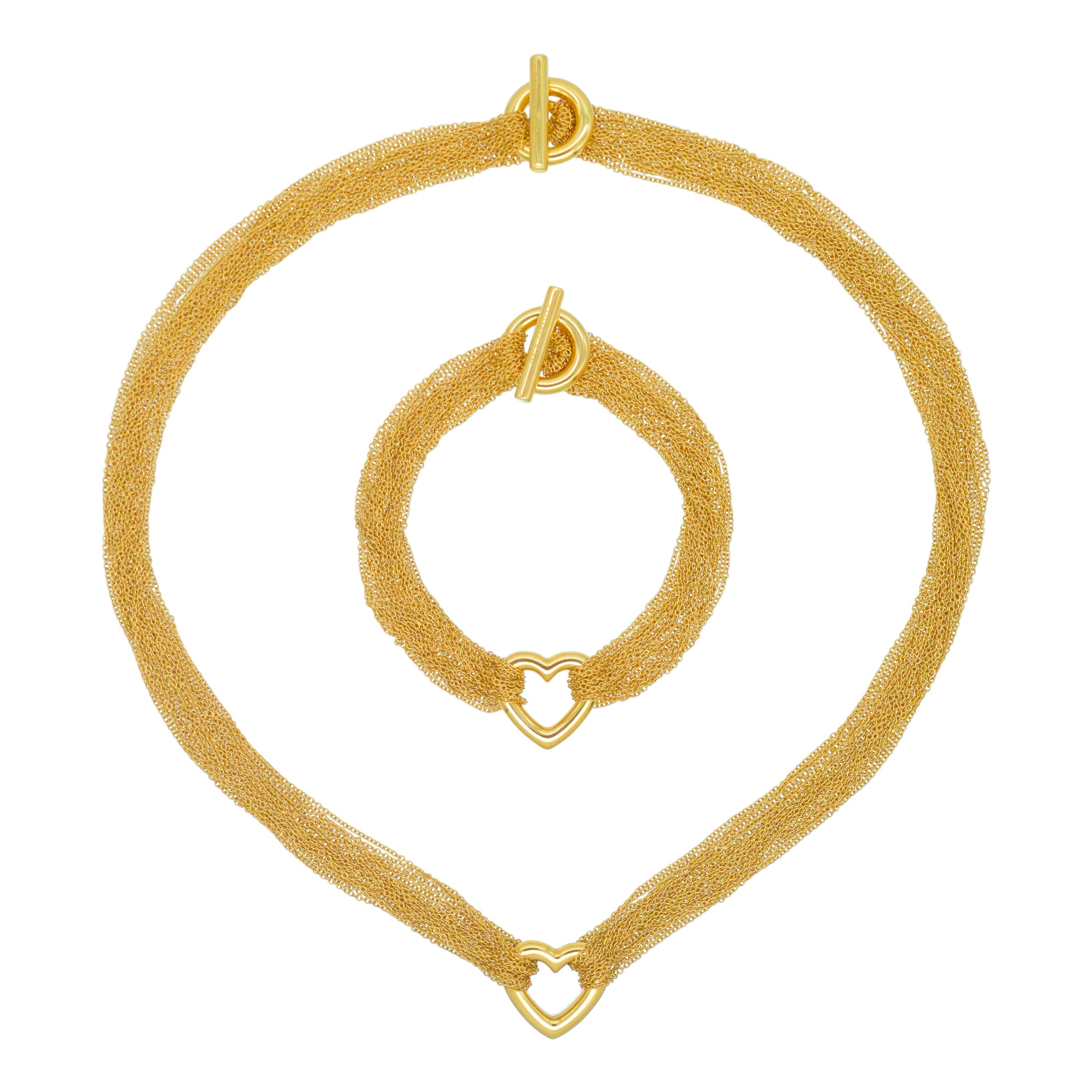 Tiffany & Co. Multi Strand Chain Heart Necklace And Bracelet Set In 18k Yellow Gold