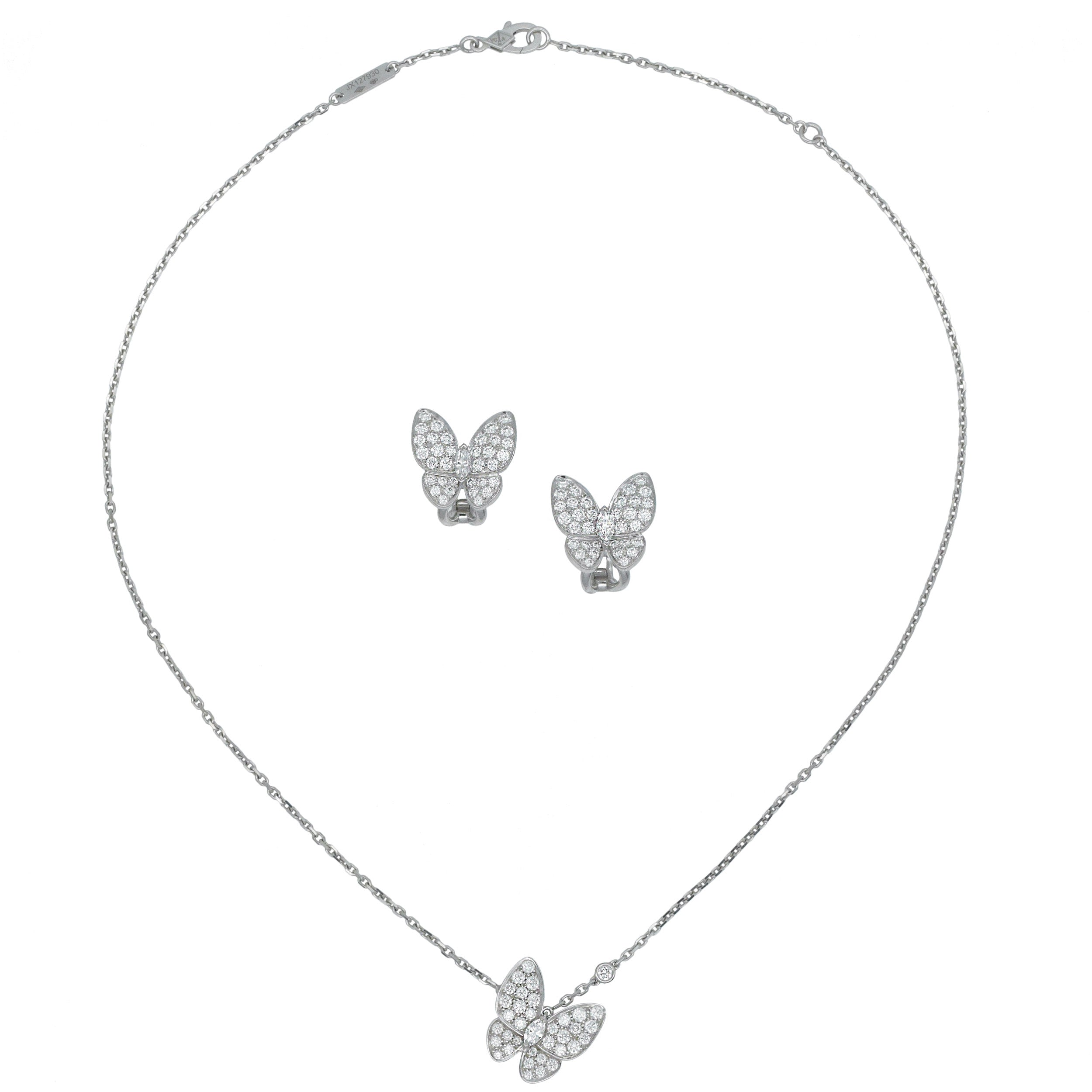 Van Cleef & Arpels Two Butterfly Diamond Earring And Necklace Set In 18k White Gold