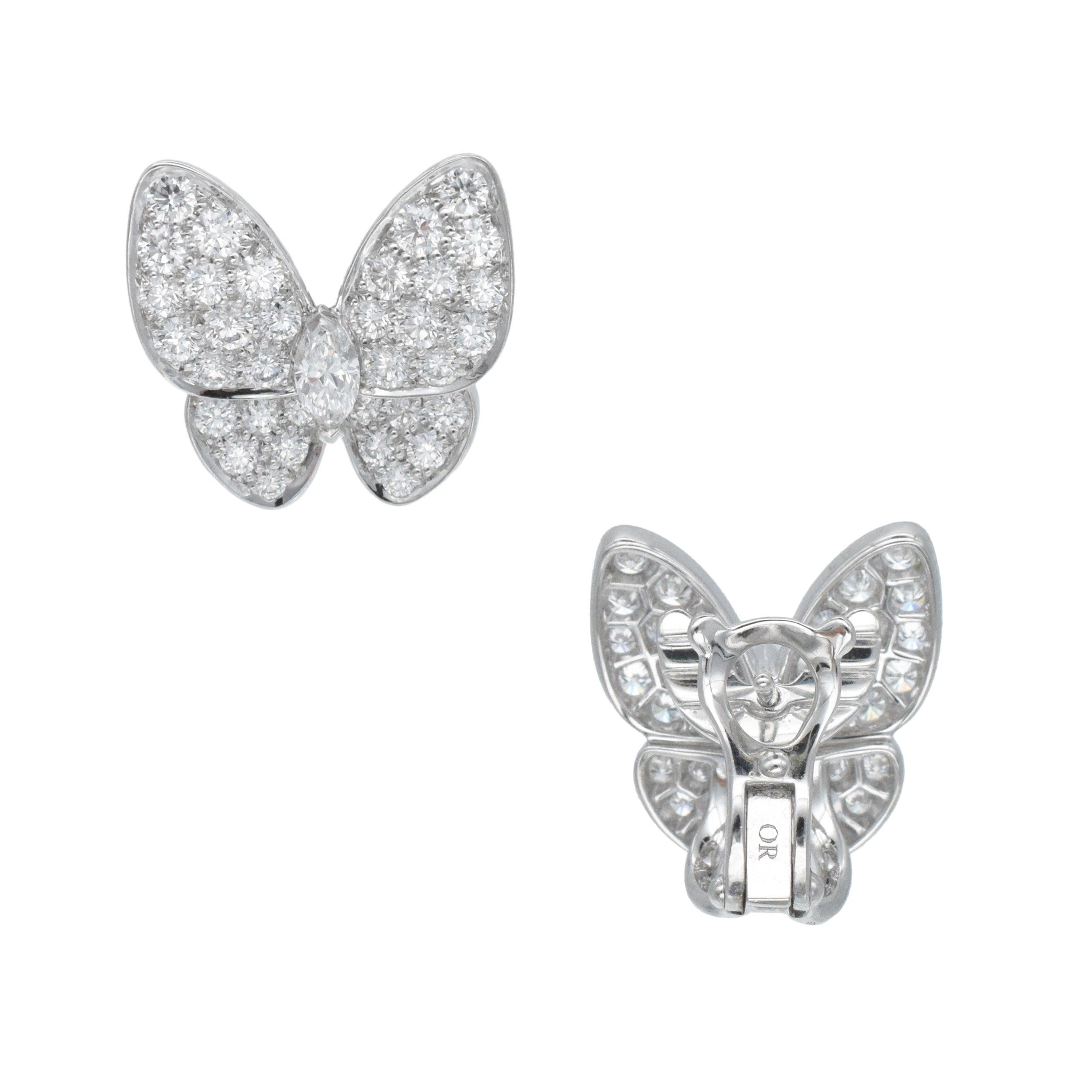 Van Cleef & Arpels Two Butterfly Diamond Earring And Necklace Set In 18k White Gold