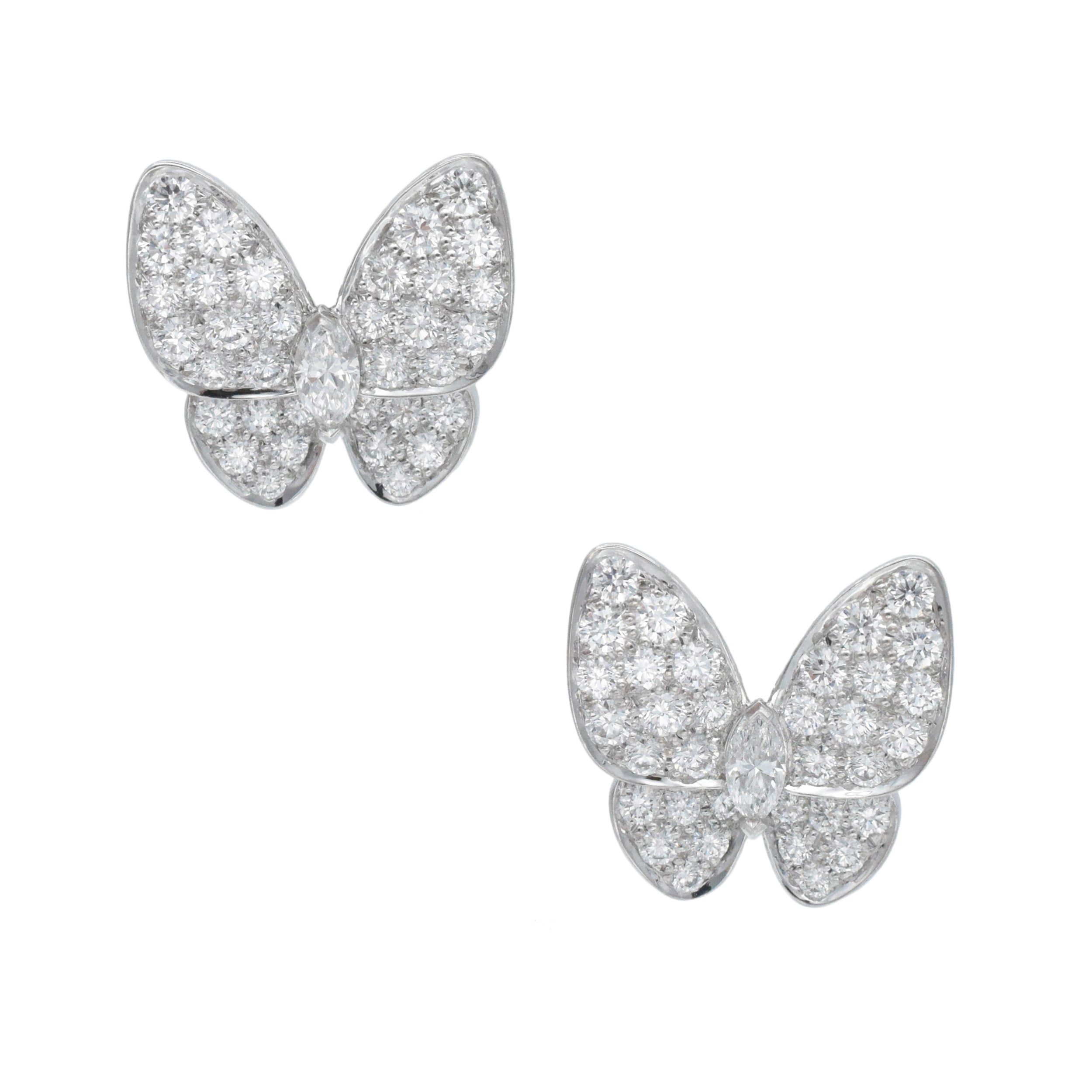Van Cleef & Arpels Two Butterfly Diamond Earring And Necklace Set In 18k White Gold