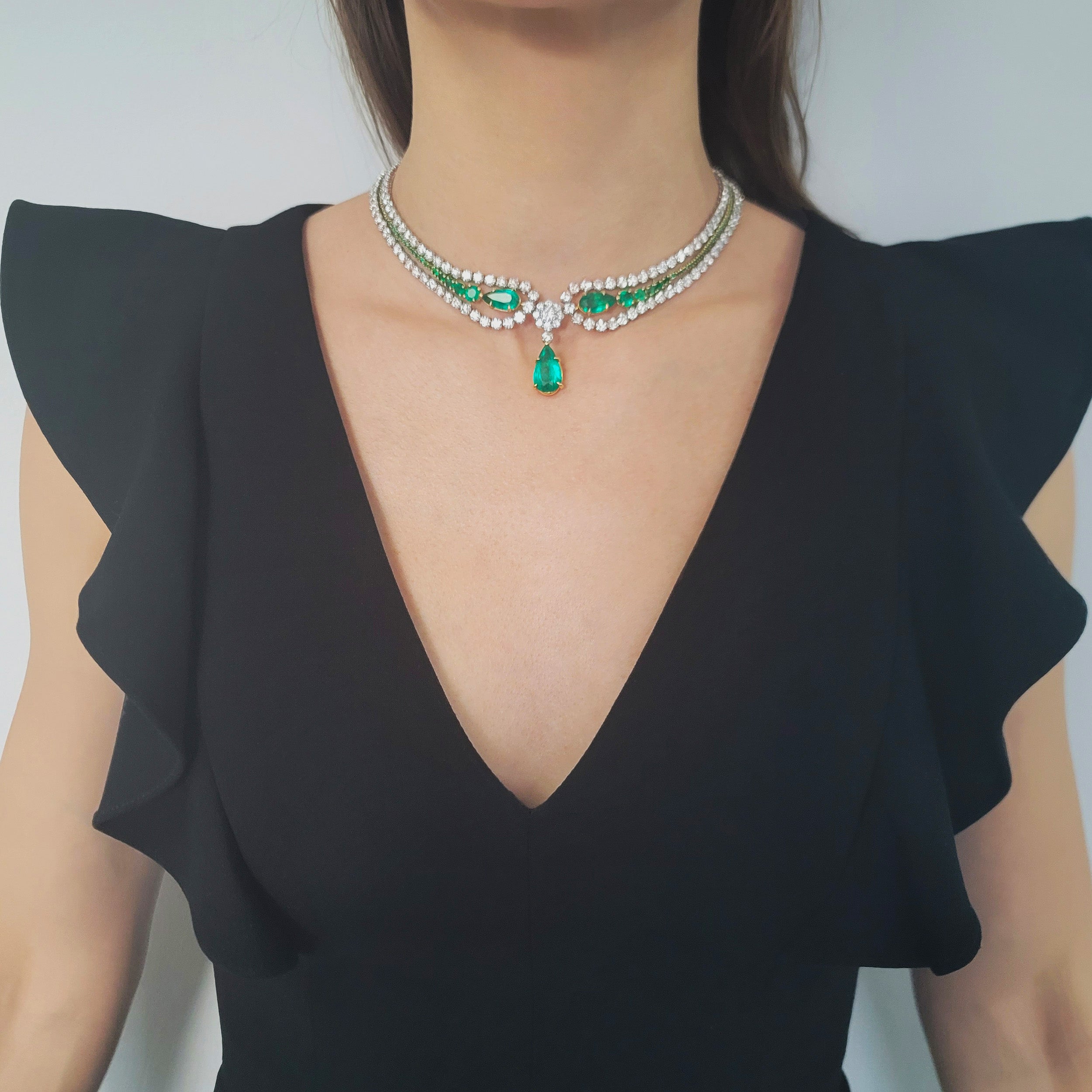 AGL Colombian Emerald And Diamond Statement Necklace In Platinum And 18k Yellow Gold