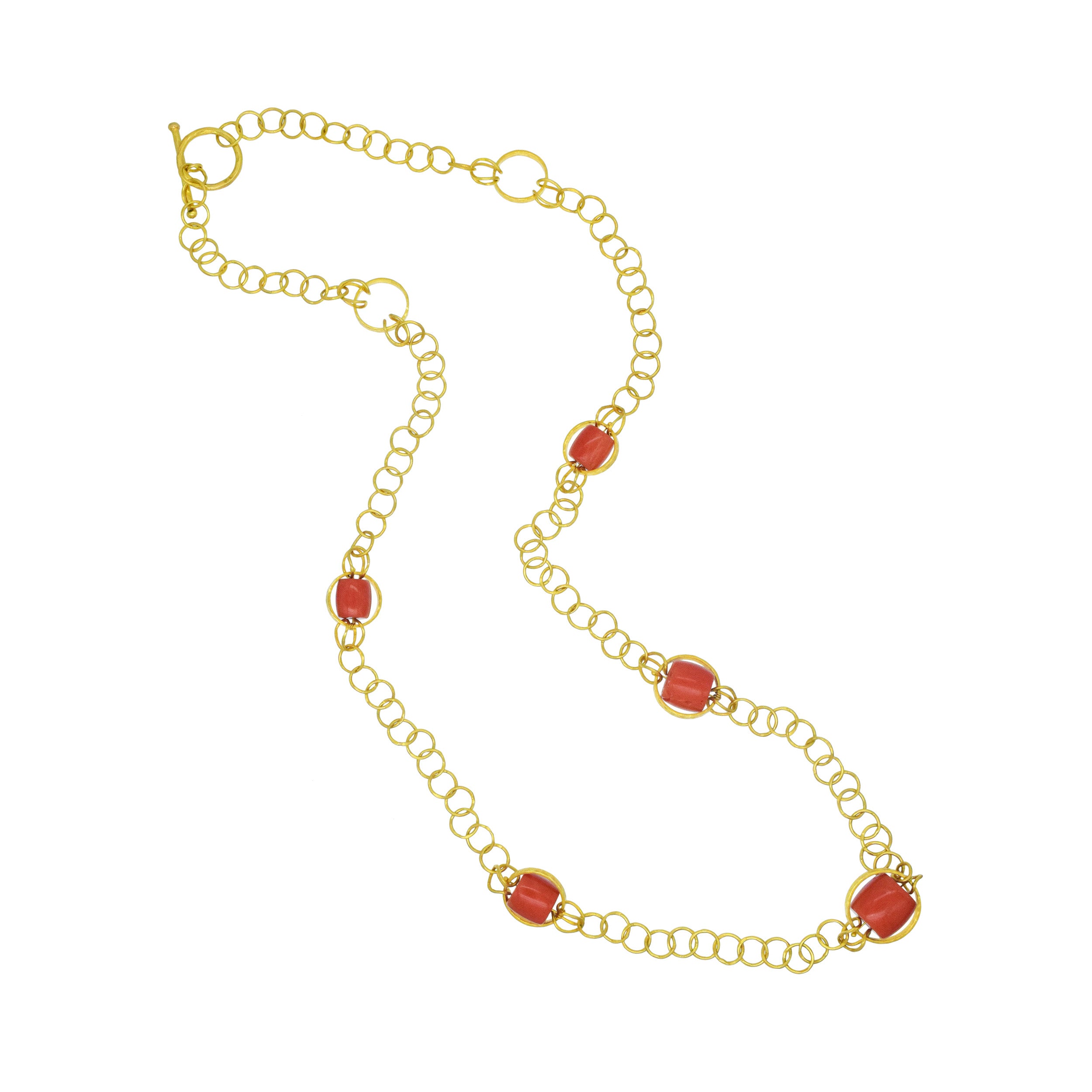 18k Yellow Gold Circular Link Long Chain Necklace With Coral Bead Accents