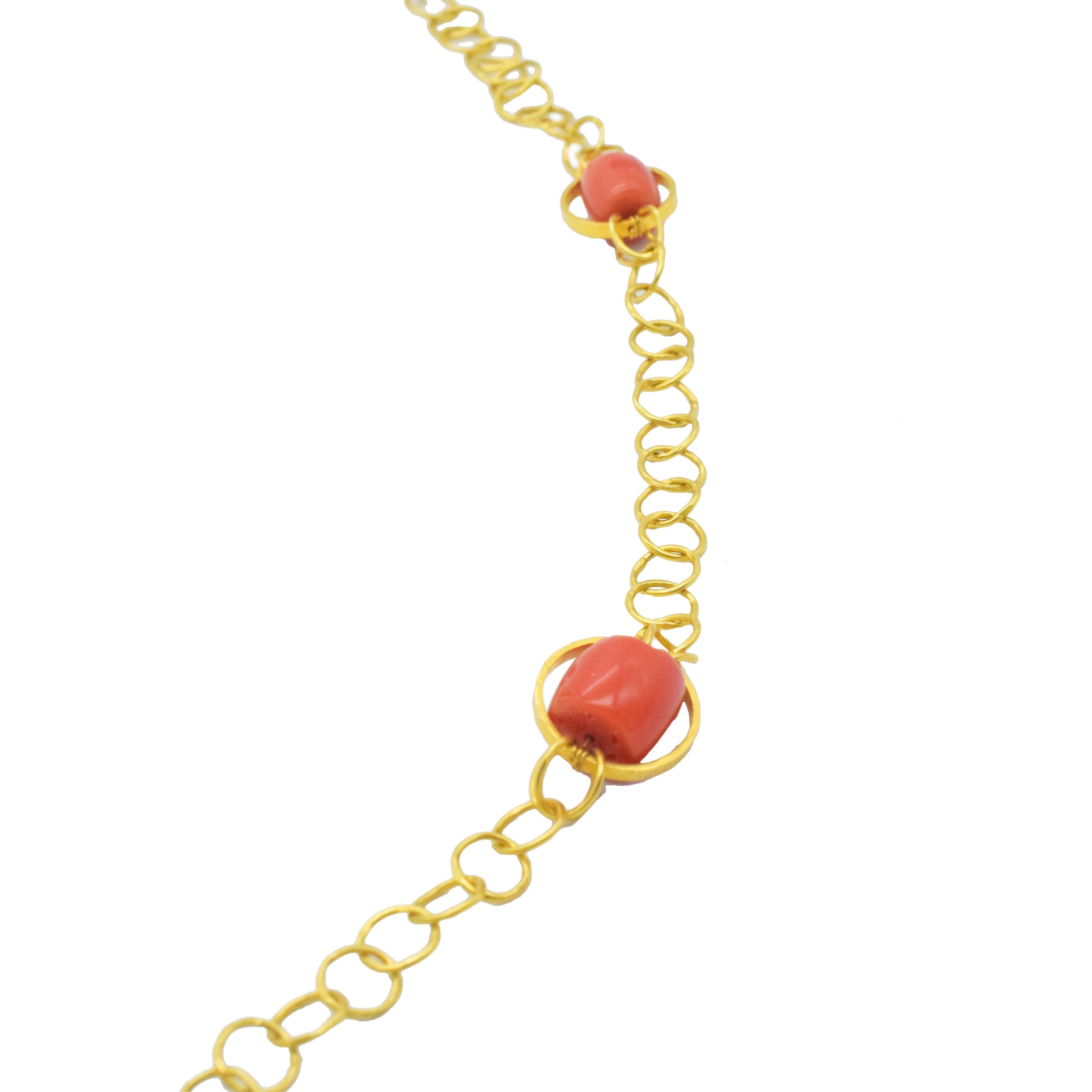 18k Yellow Gold Circular Link Long Chain Necklace With Coral Bead Accents