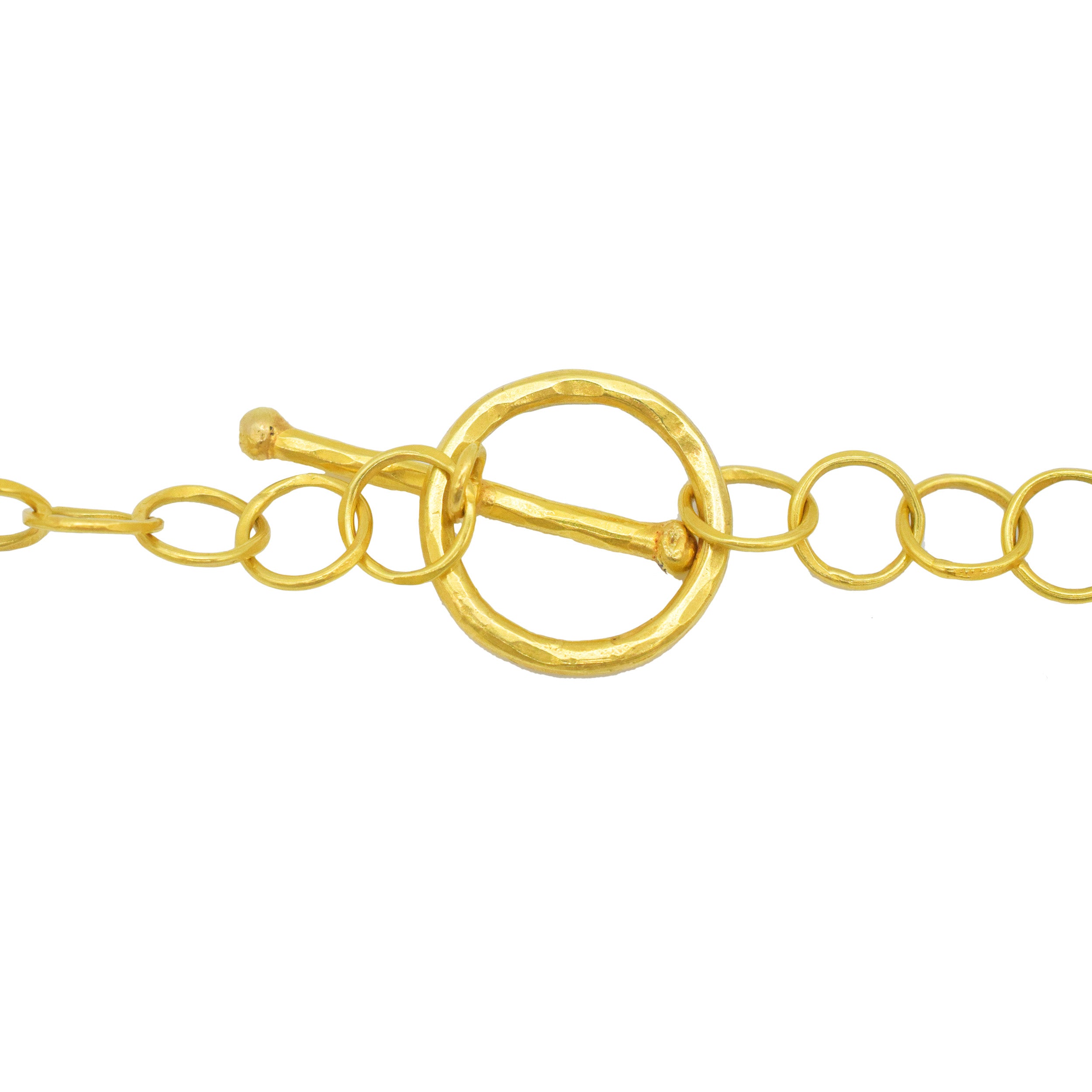 18k Yellow Gold Circular Link Long Chain Necklace With Coral Bead Accents