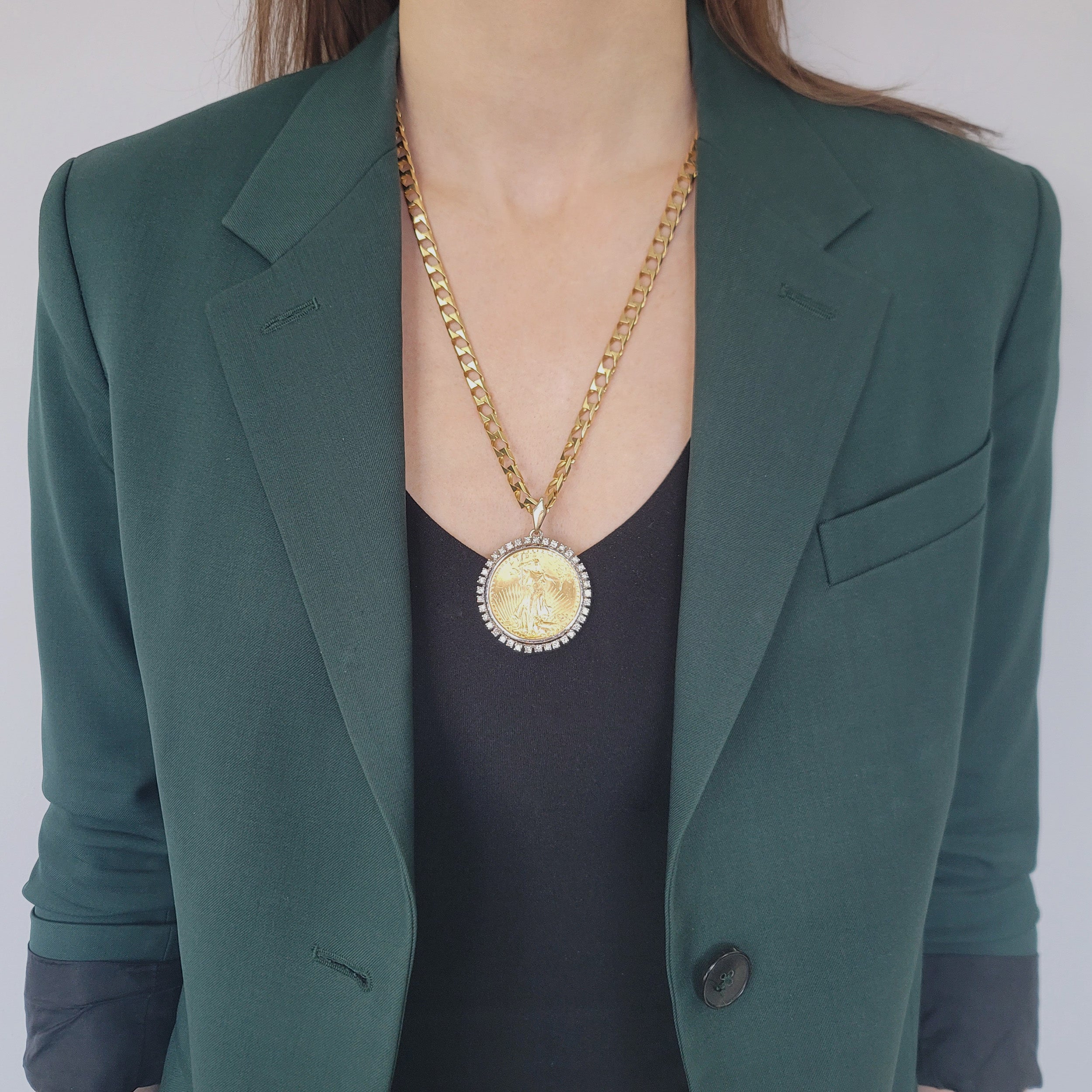 Diamond and $20 US Coin And Diamond Pendant With 18k Yellow Gold Chain
