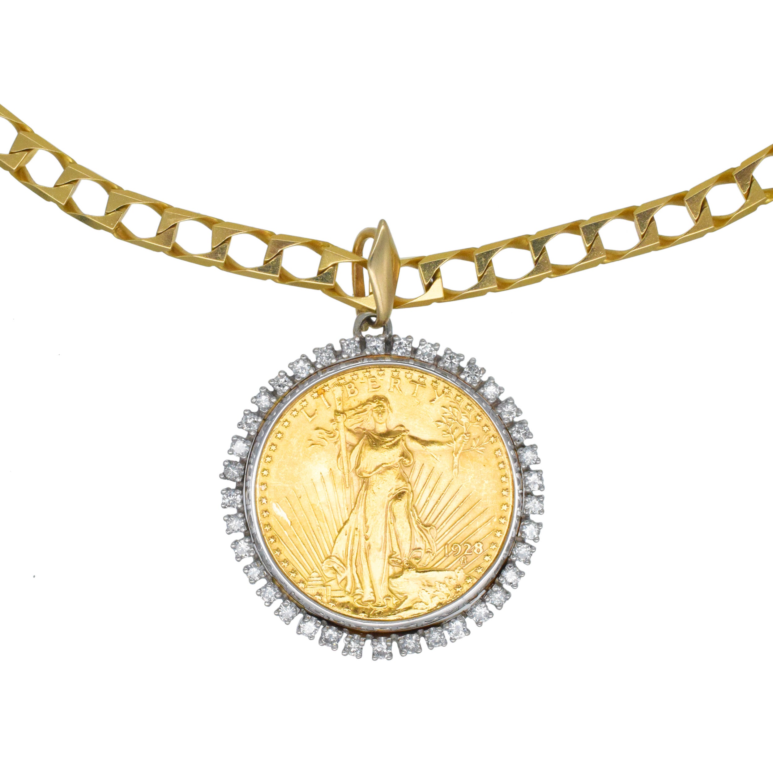 Diamond and $20 US Coin And Diamond Pendant With 18k Yellow Gold Chain