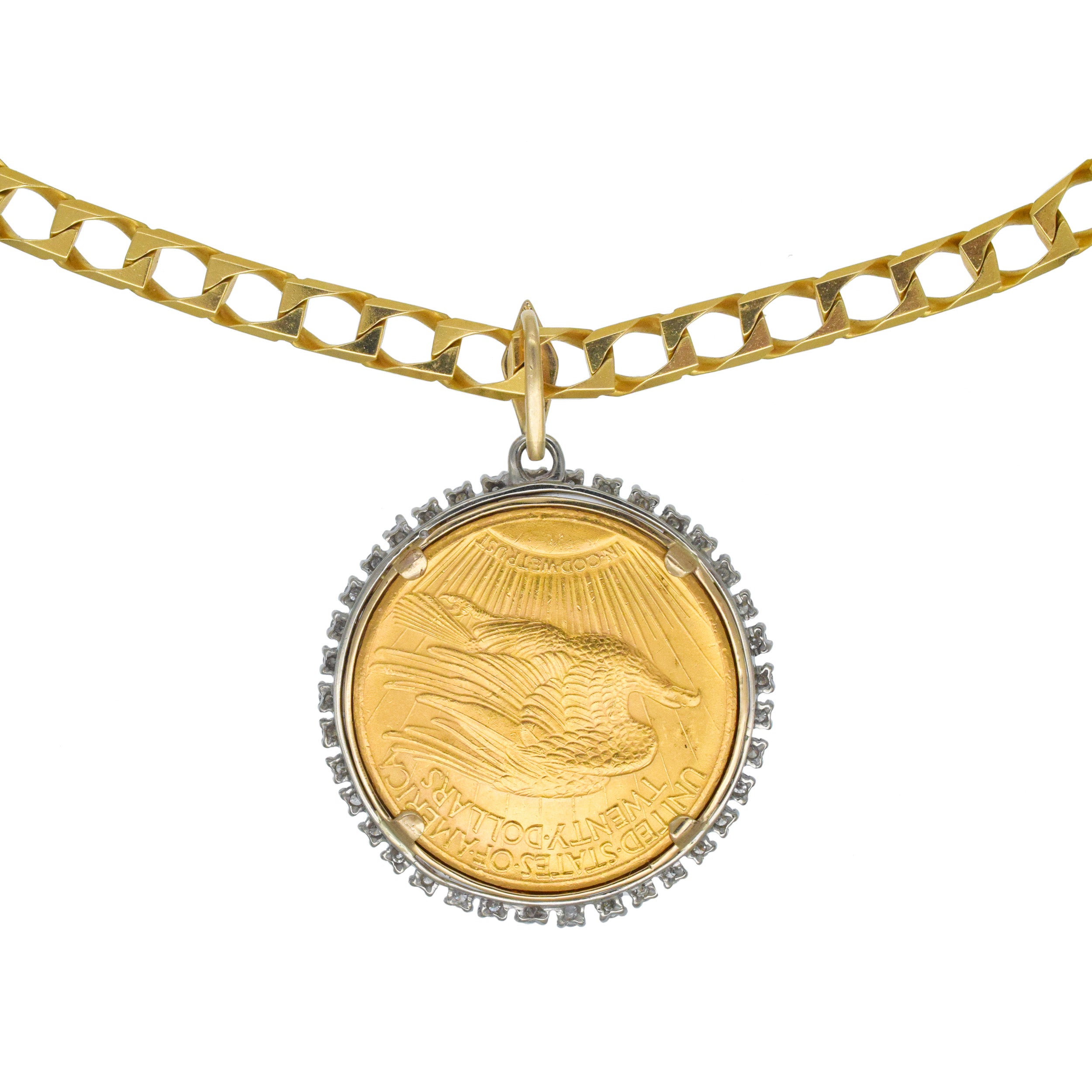 Diamond and $20 US Coin And Diamond Pendant With 18k Yellow Gold Chain