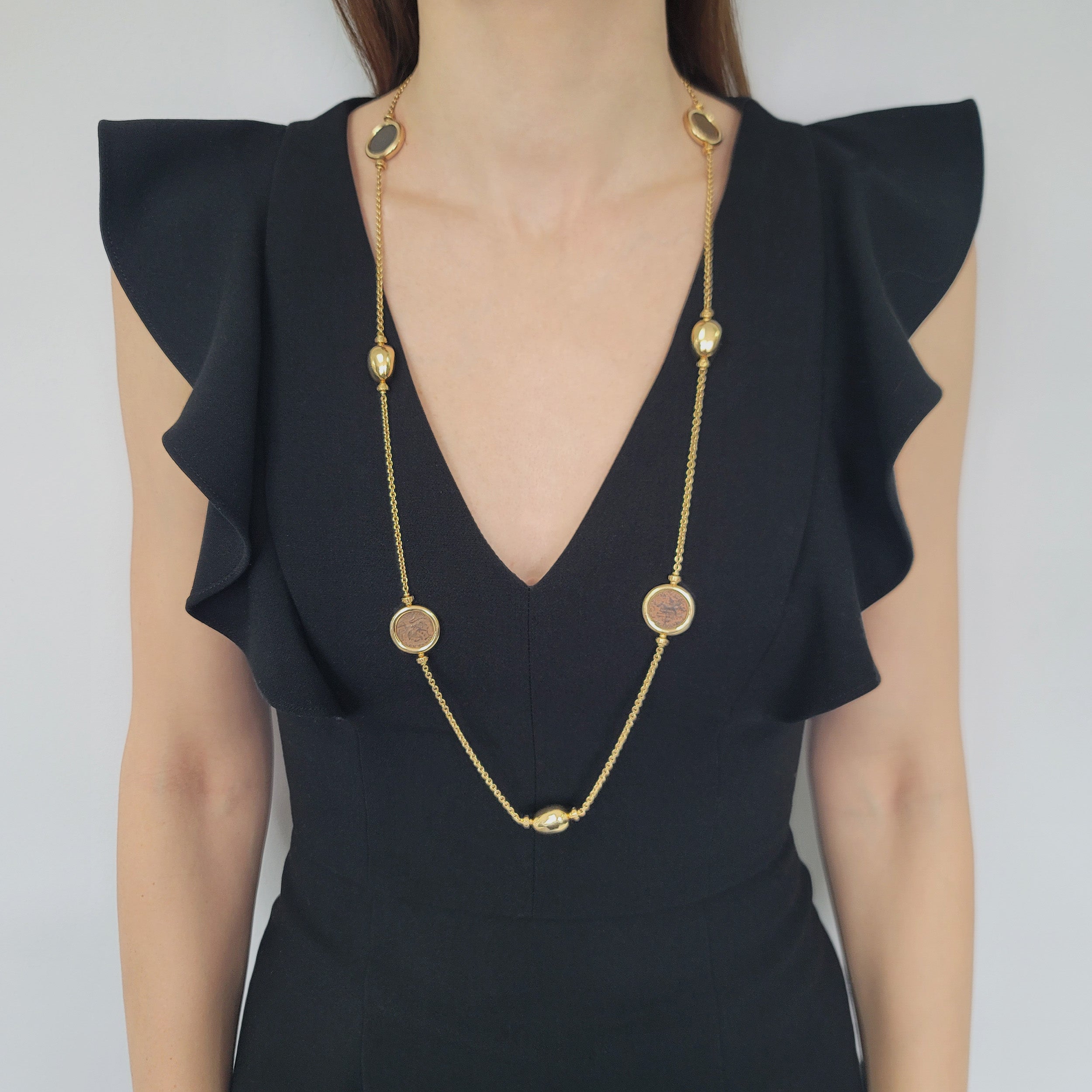 Bulgari Monete And Gold Bead Long Chain In 18k Yellow Gold
