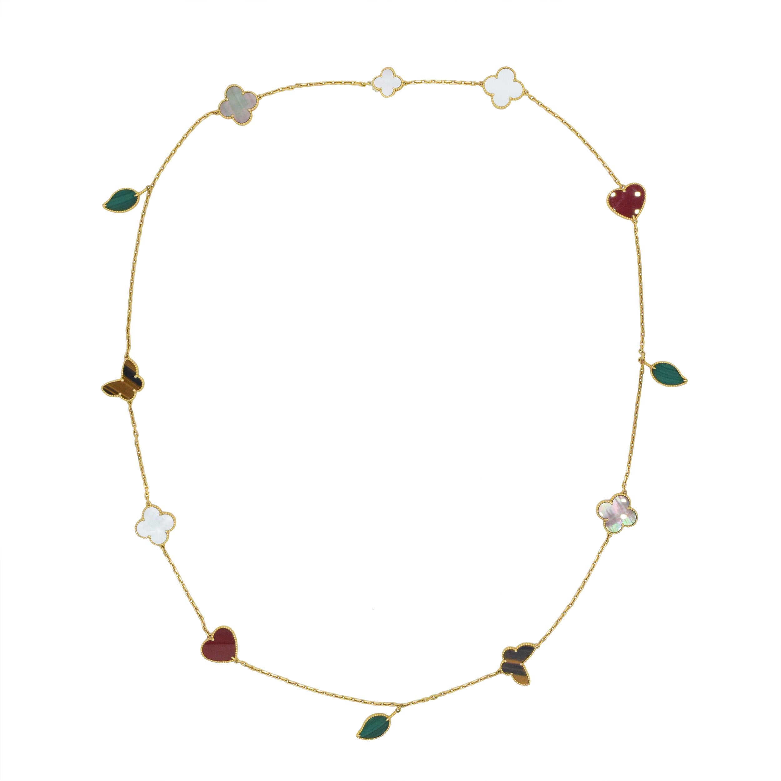 Van Cleef & Arpels Lucky Alhambra Multi Gemstone Long Chain Necklace In 18k Yellow Gold