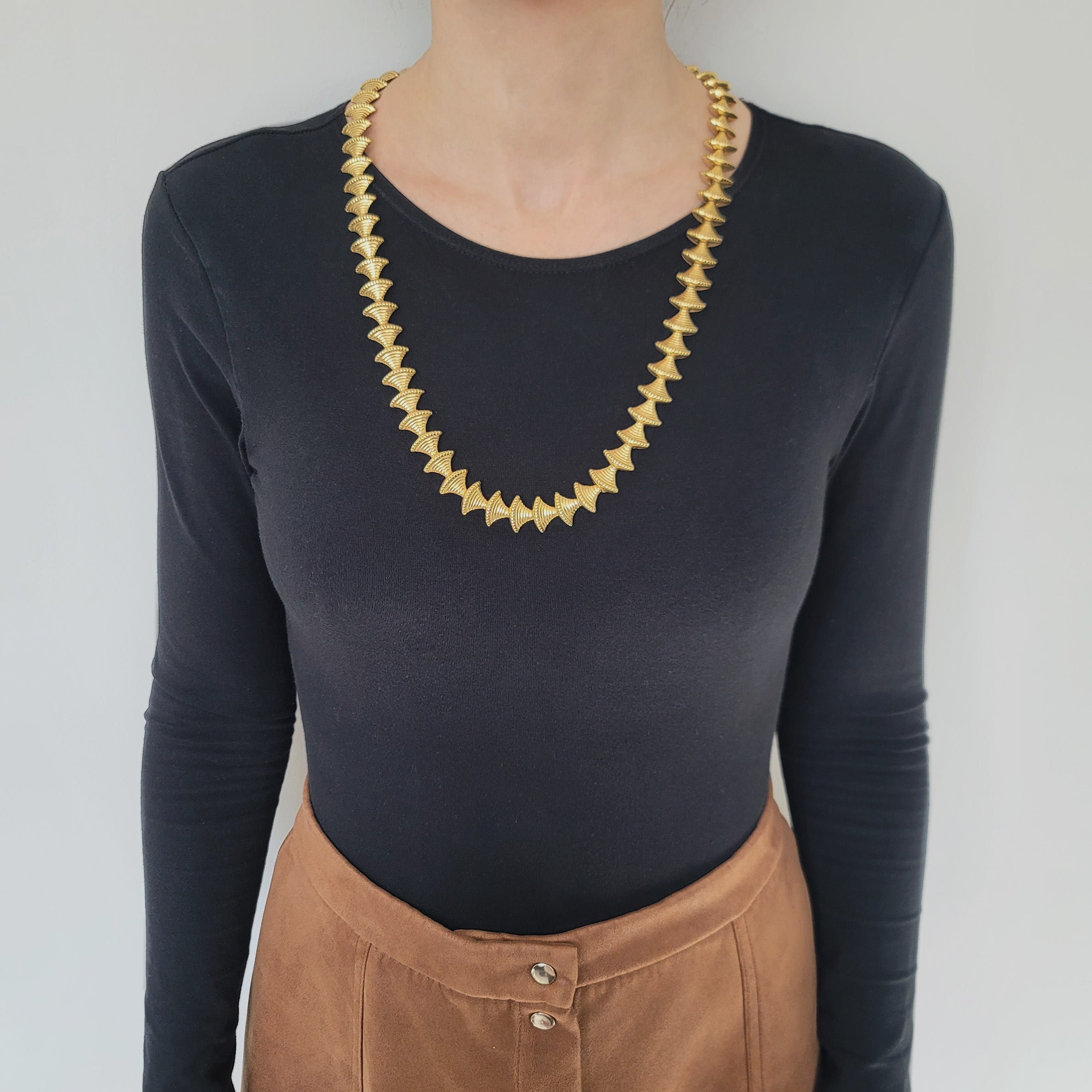 Double Sided 18k Yellow Gold Bell Link Long Necklace