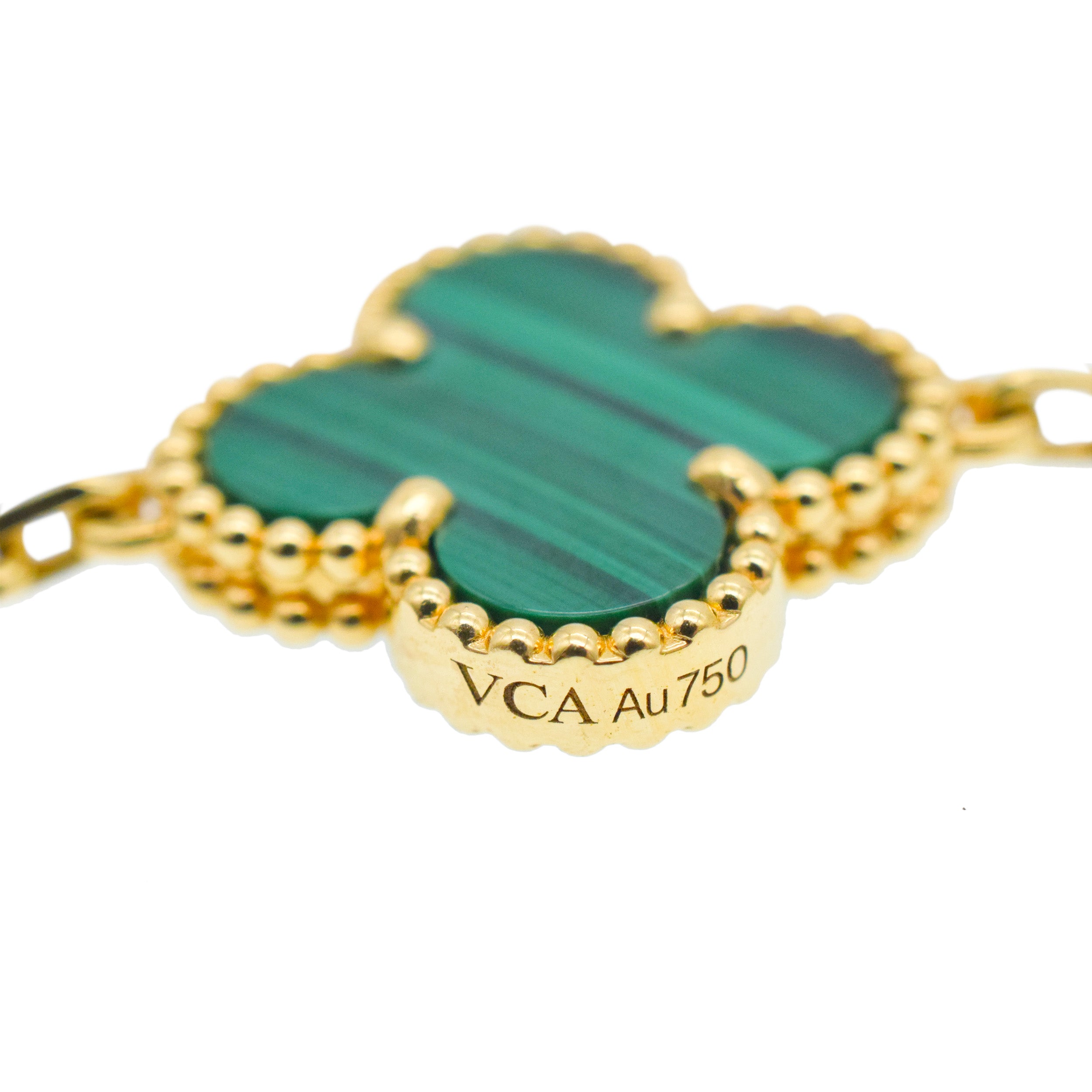 Van Cleef & Arpels diamond and malachite 10-motif Alhambra necklace in 18k yellow gold