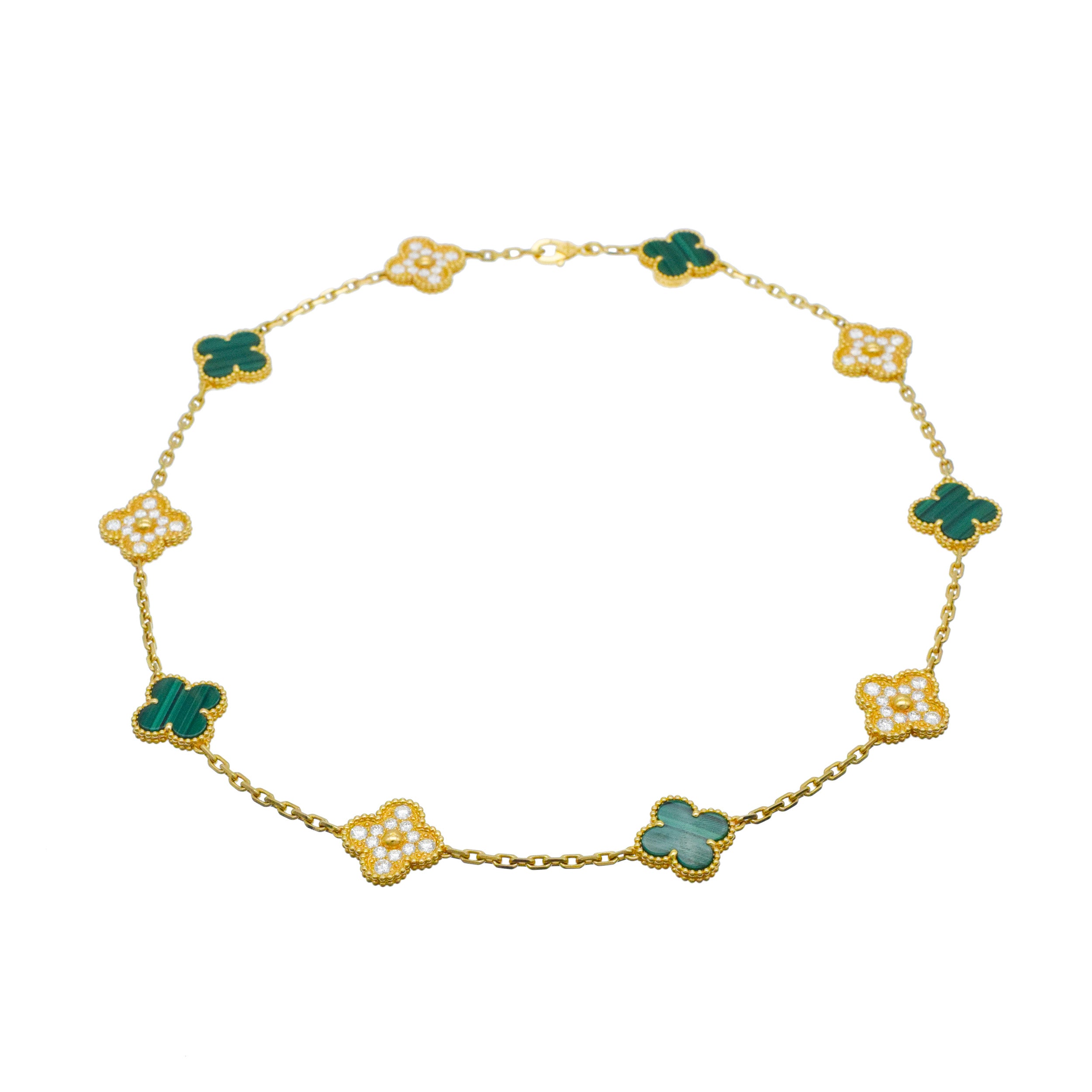 Van Cleef & Arpels diamond and malachite 10-motif Alhambra necklace in 18k yellow gold