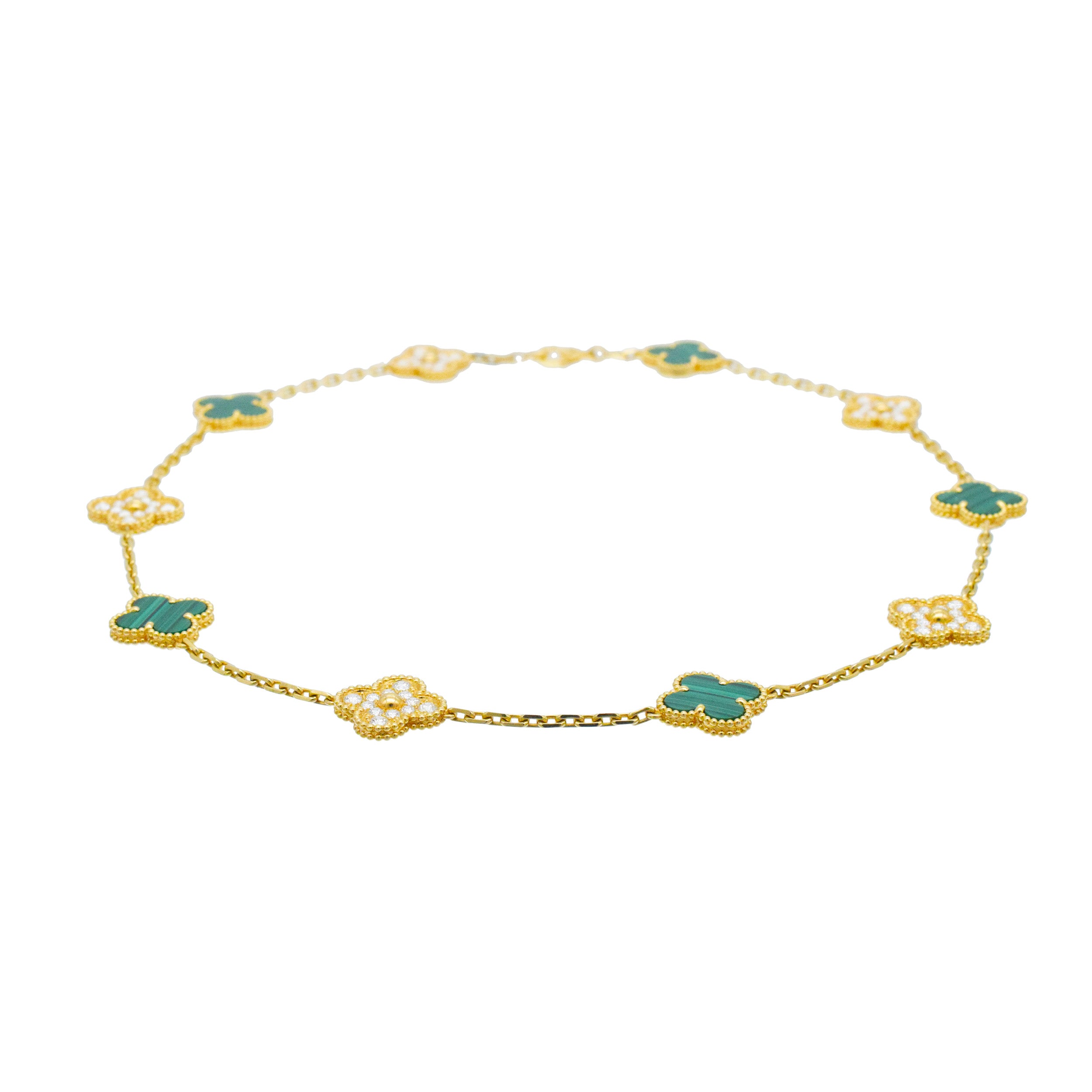 Van Cleef & Arpels diamond and malachite 10-motif Alhambra necklace in 18k yellow gold