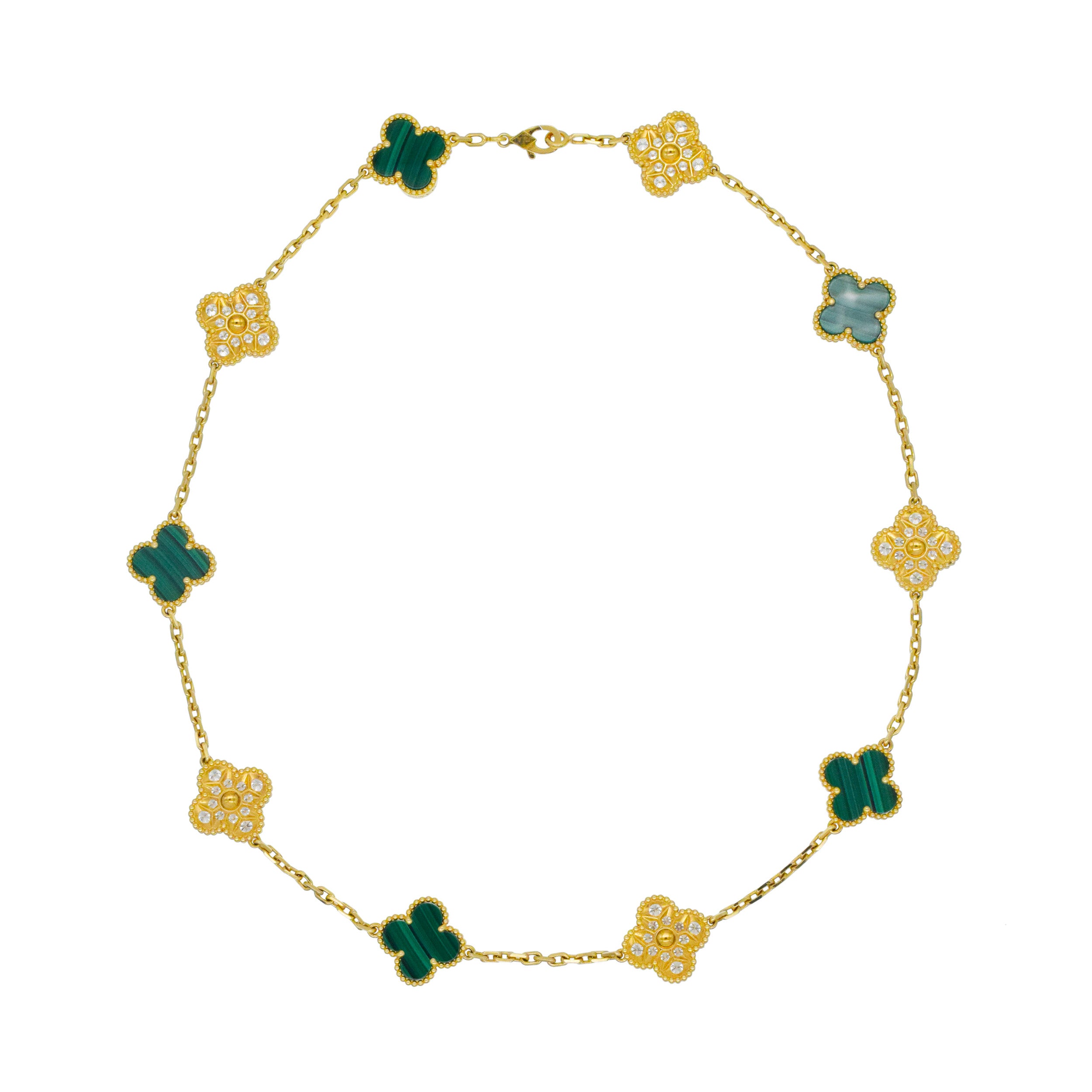 Van Cleef & Arpels diamond and malachite 10-motif Alhambra necklace in 18k yellow gold