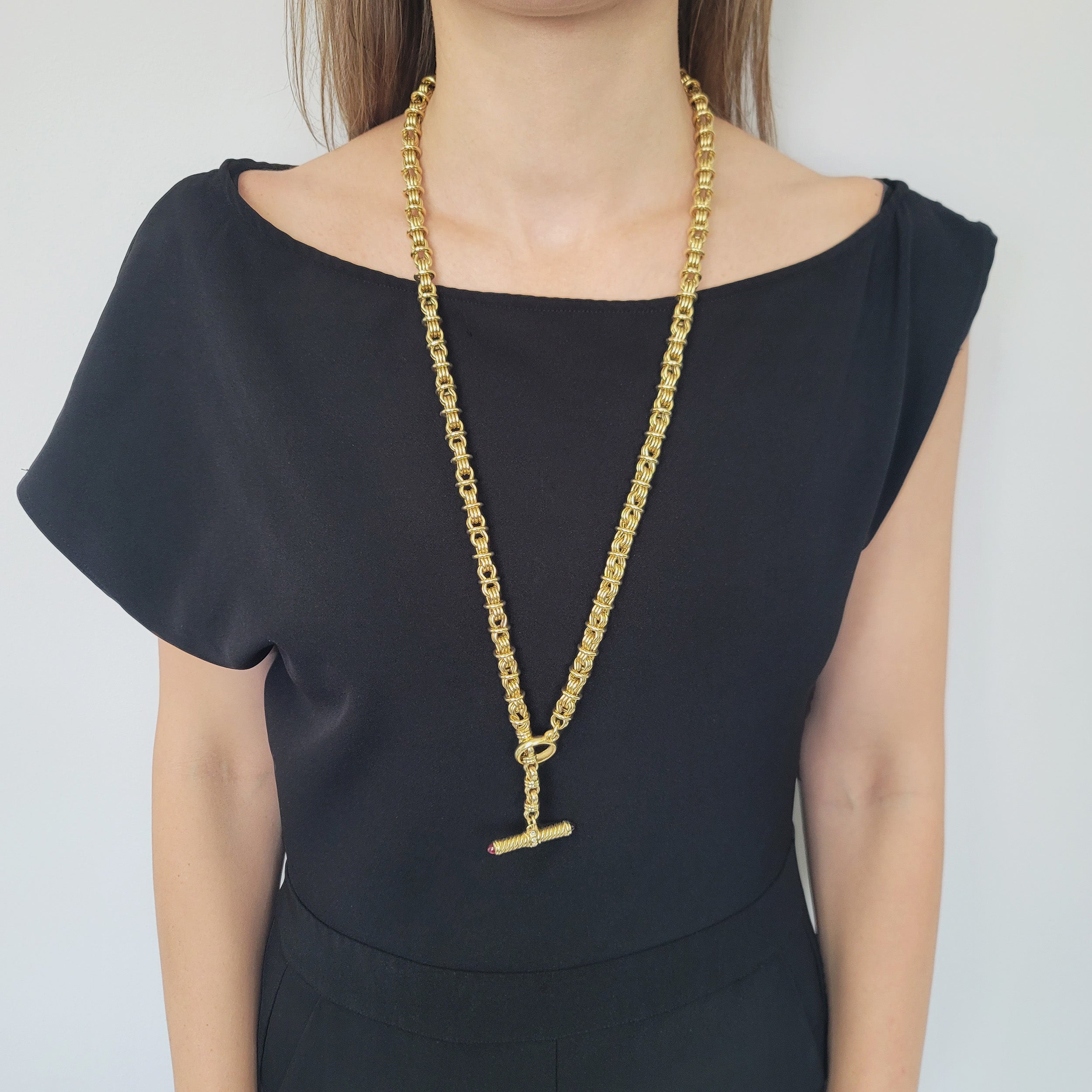 Fancy Link Toggle Necklace / Belt In 18k Yellow Gold With Pink Tourmaline And Diamond Accents
