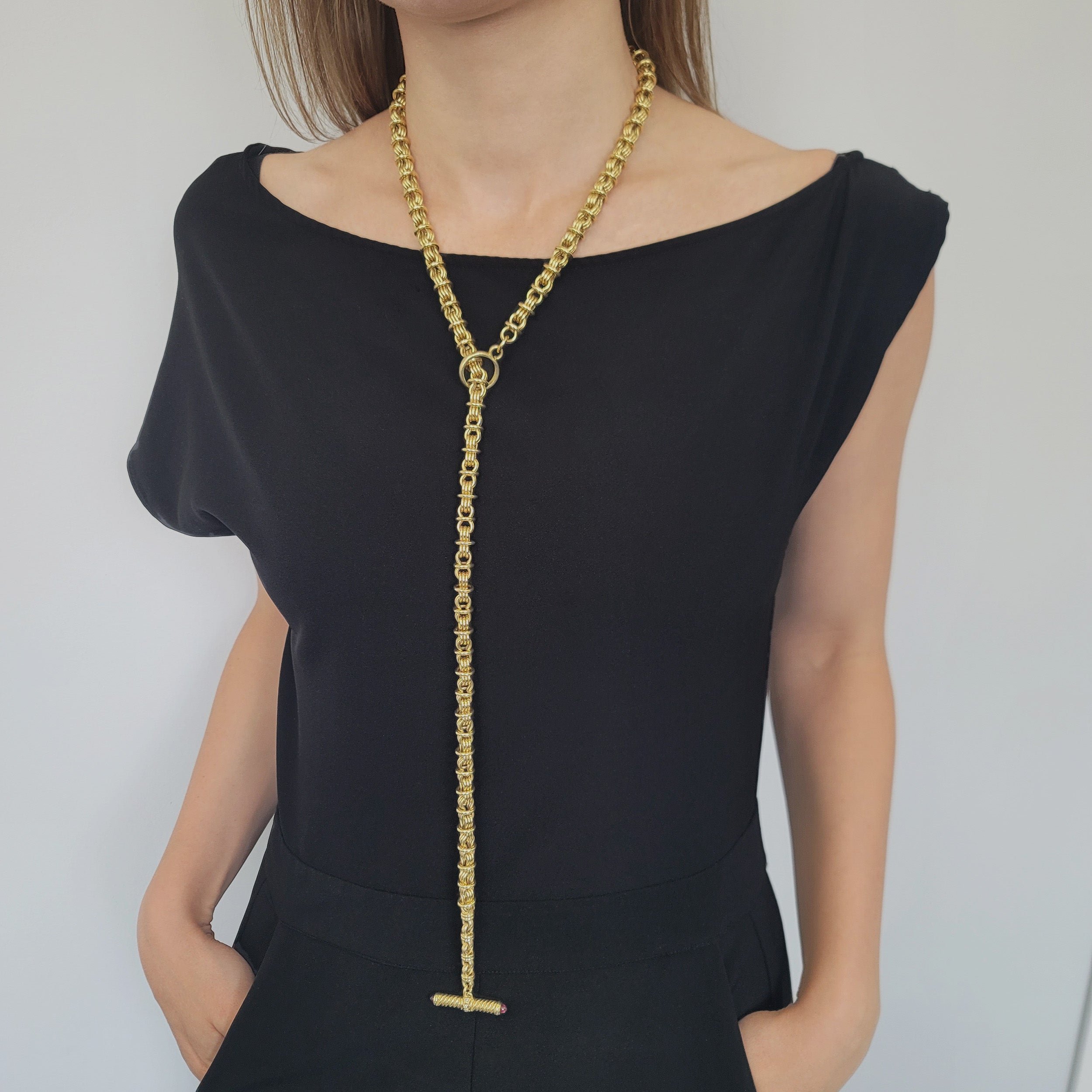Fancy Link Toggle Necklace / Belt In 18k Yellow Gold With Pink Tourmaline And Diamond Accents