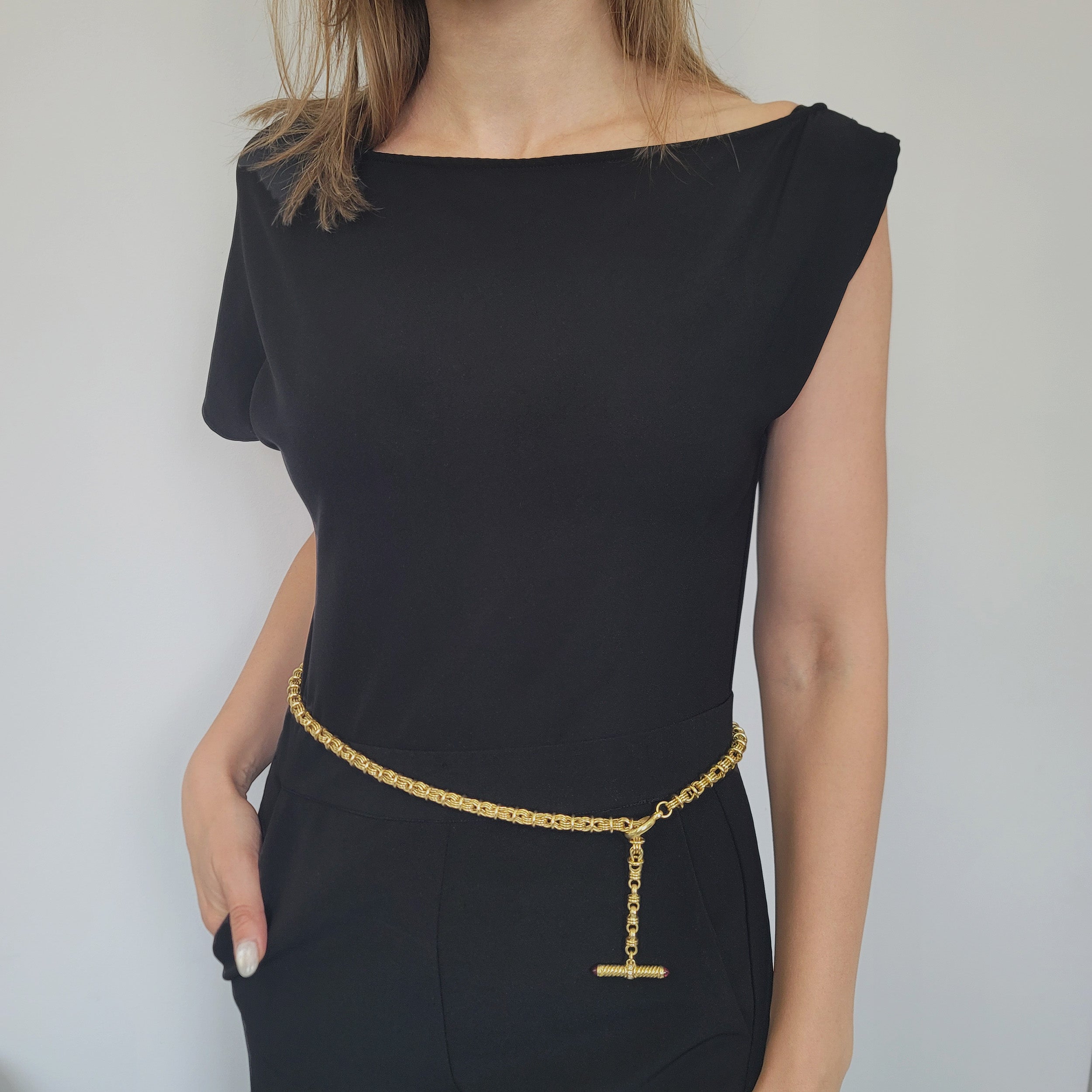 Fancy Link Toggle Necklace / Belt In 18k Yellow Gold With Pink Tourmaline And Diamond Accents