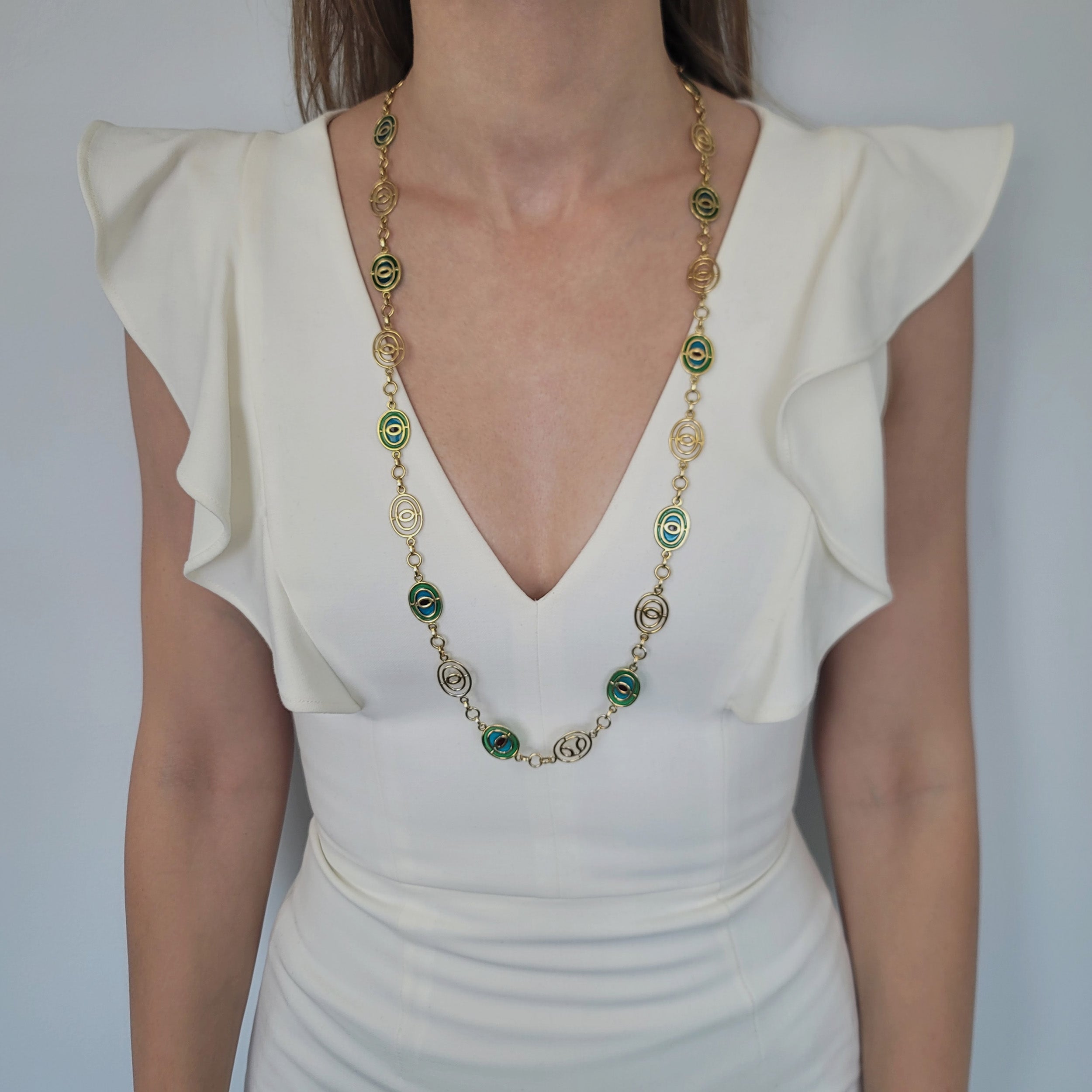 Plique-a-Jour Long Statement Necklace In 18k Yellow Gold
