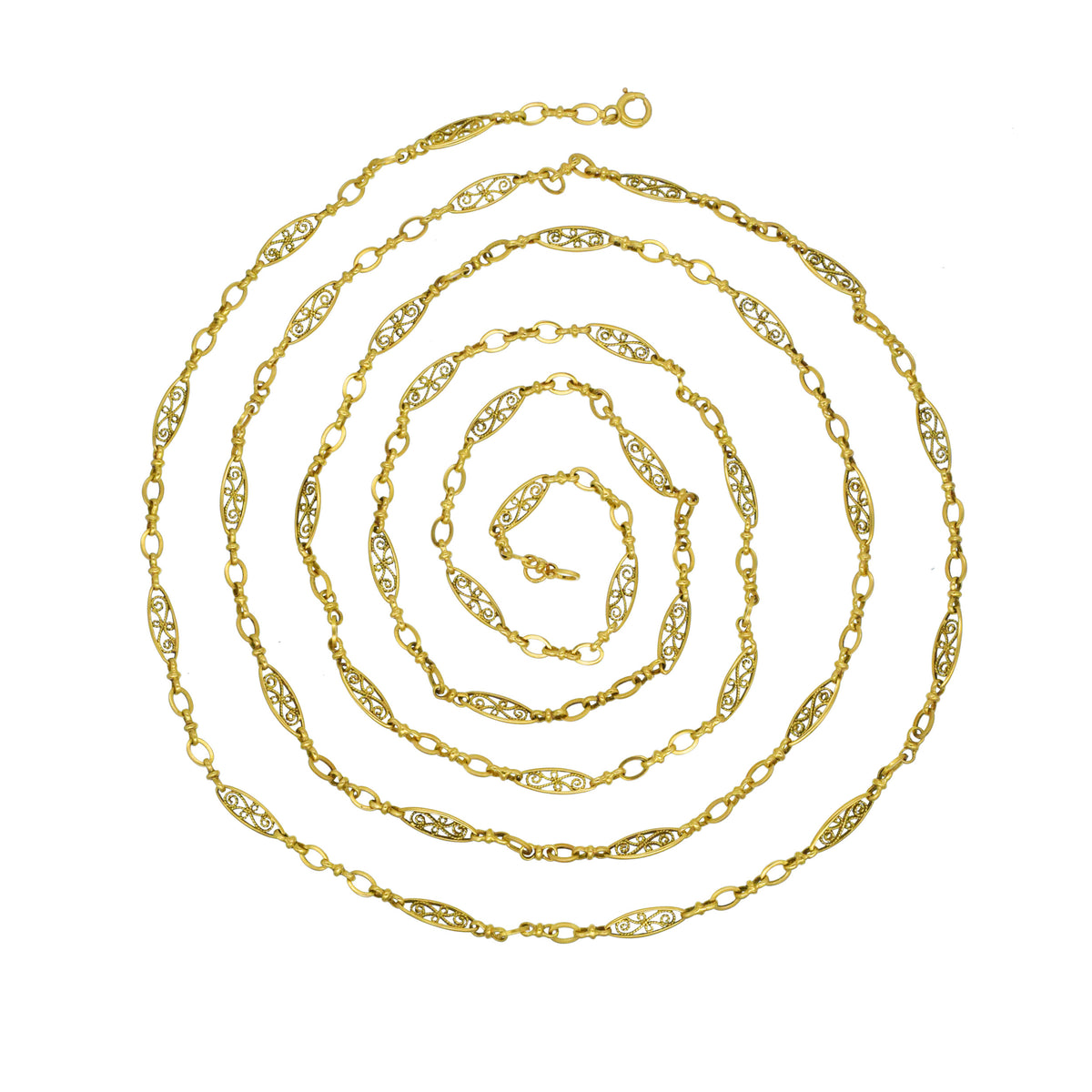 Art Novuveau French handmade long chain / muff chain in 18k yellow gold