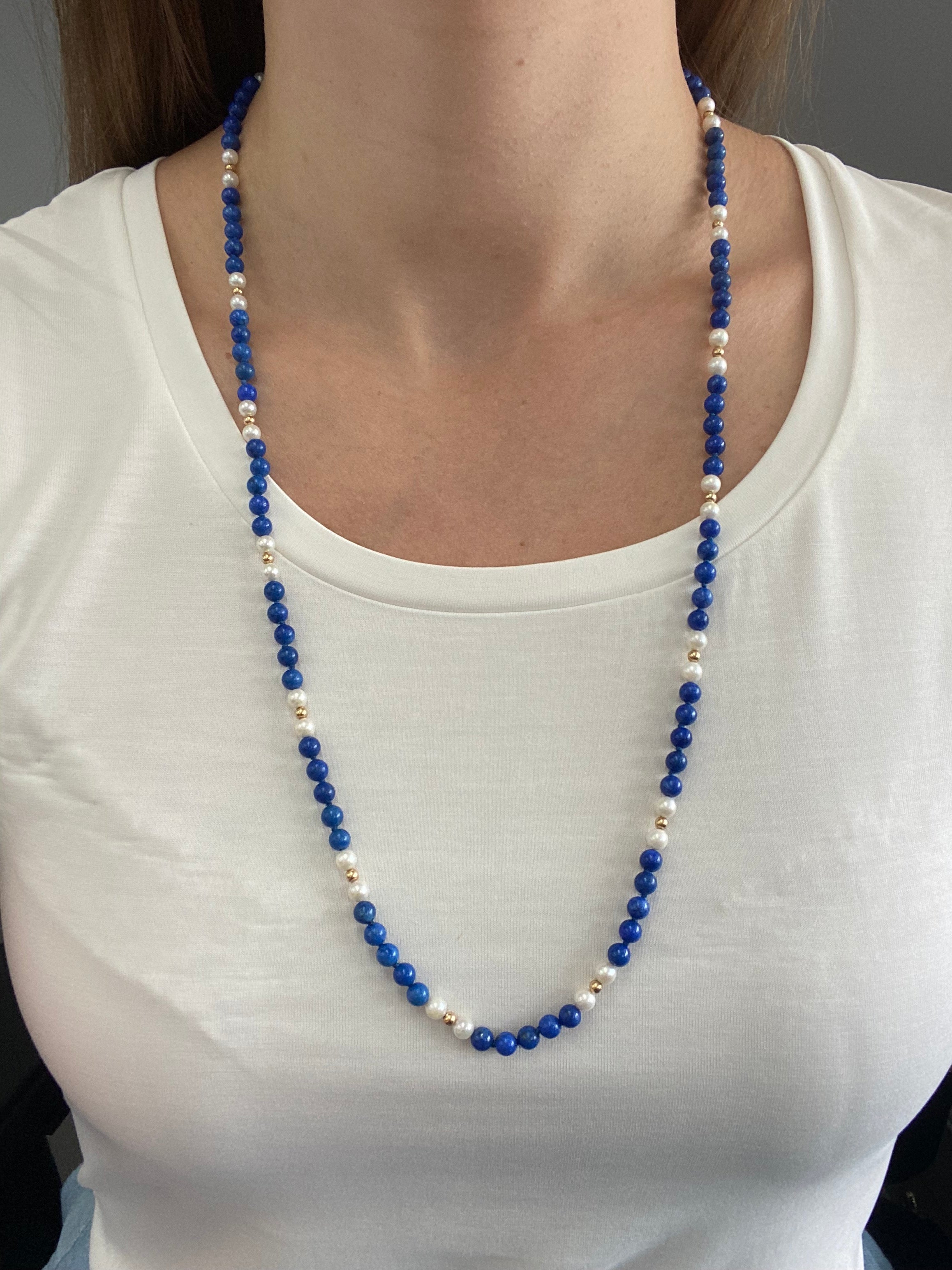 Lapis Lazuli, Pearl And 14k Yellow Gold Bead Necklace