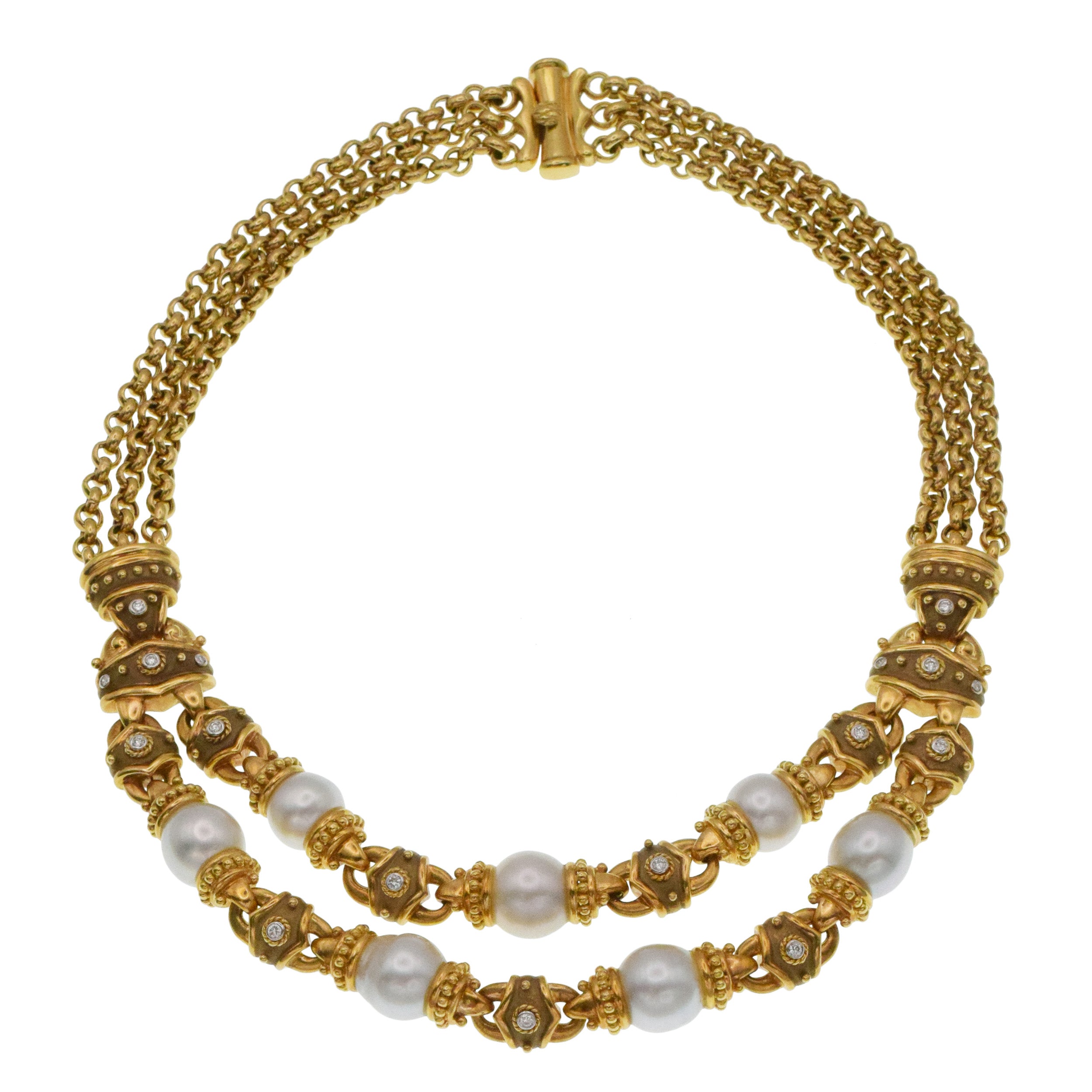 Pearl And Diamond Draped Necklace In 18k Yellow Gold