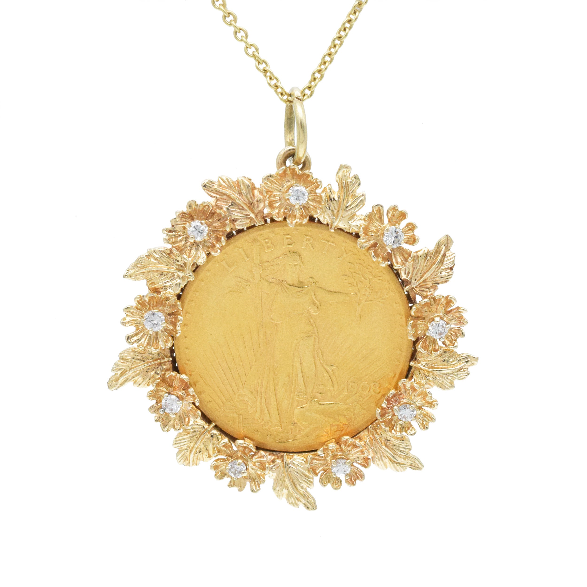 $20 Saint Gaudens Double Eagle Coin Pendant In 14k Yellow Gold And Diamond Frame