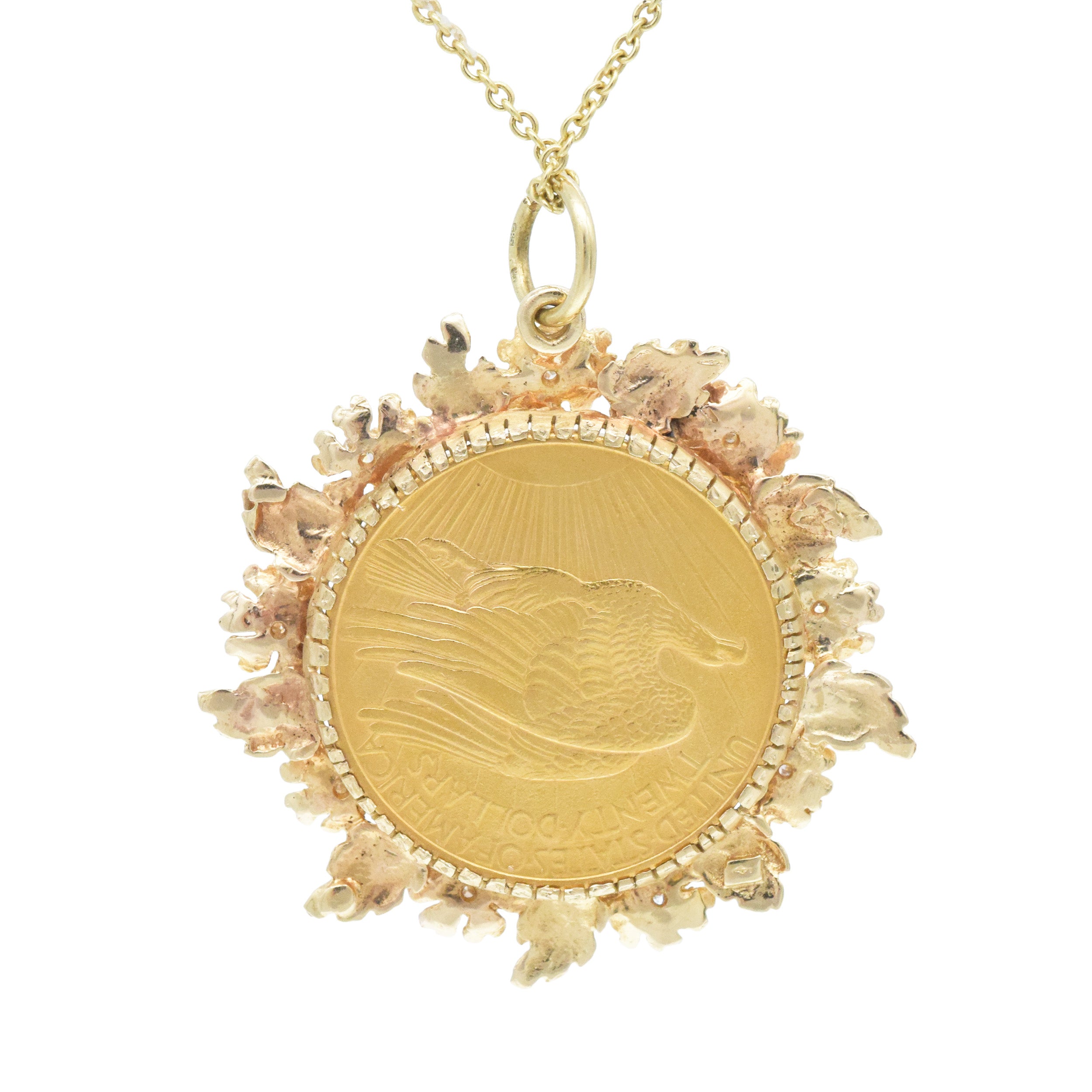 $20 Saint Gaudens Double Eagle Coin Pendant In 14k Yellow Gold And Diamond Frame