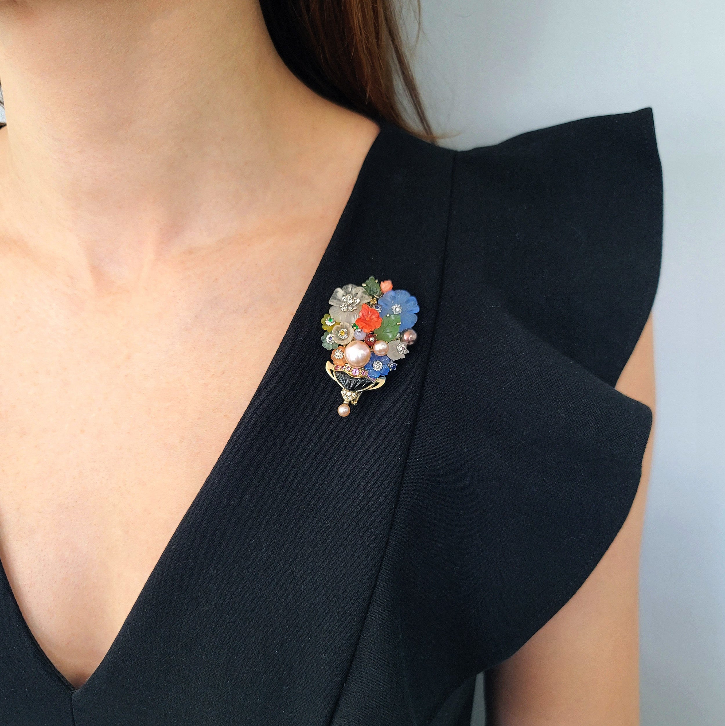 Santagostino Colorful Flower Buquet Brooch/Pendant In 18k White Gold