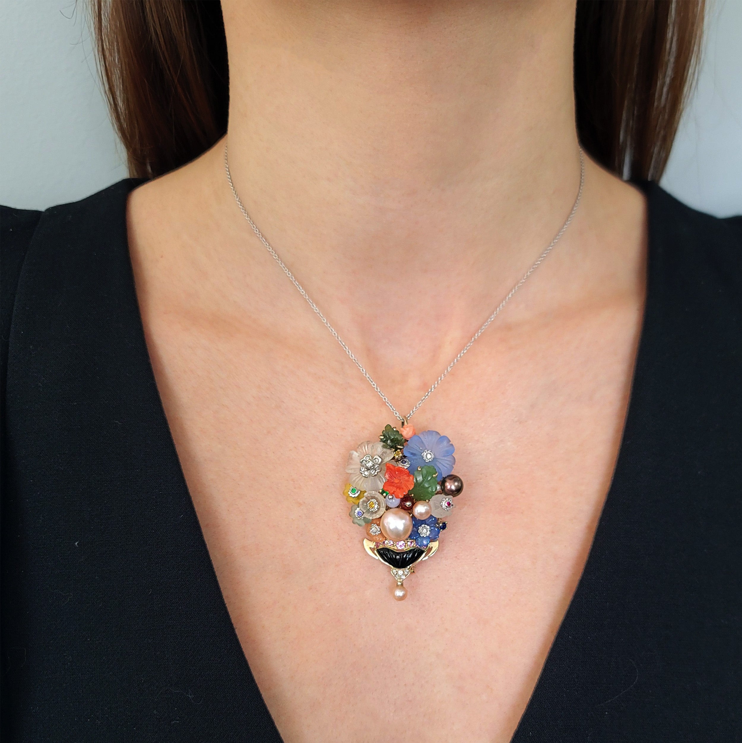 Santagostino Colorful Flower Buquet Brooch/Pendant In 18k White Gold
