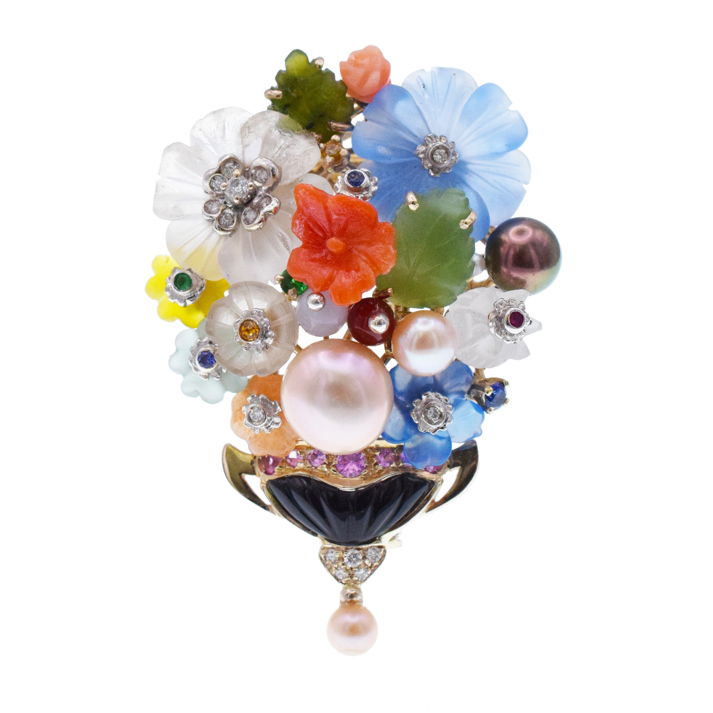 Santagostino Colorful Flower Buquet Brooch/Pendant In 18k White Gold