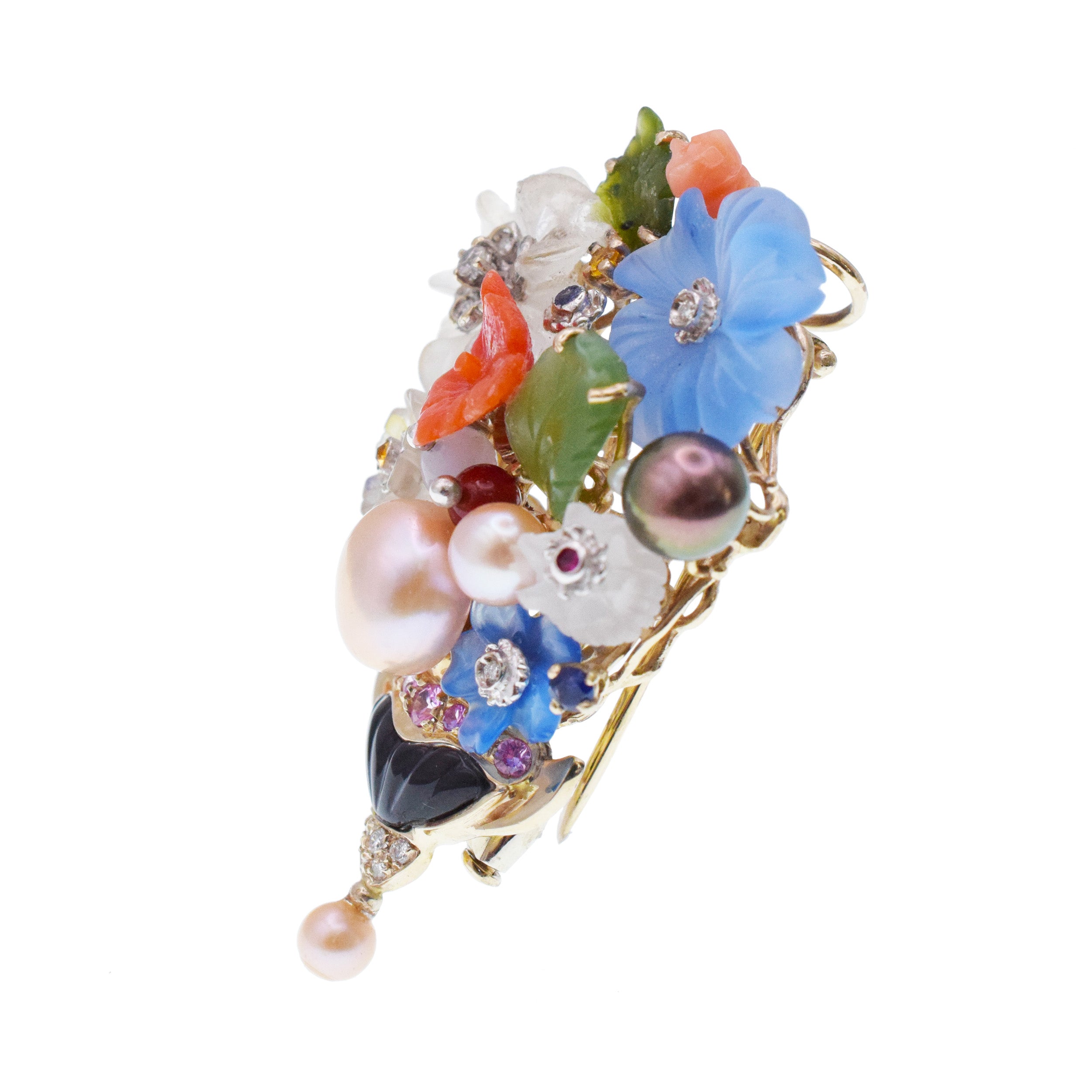 Santagostino Colorful Flower Buquet Brooch/Pendant In 18k White Gold