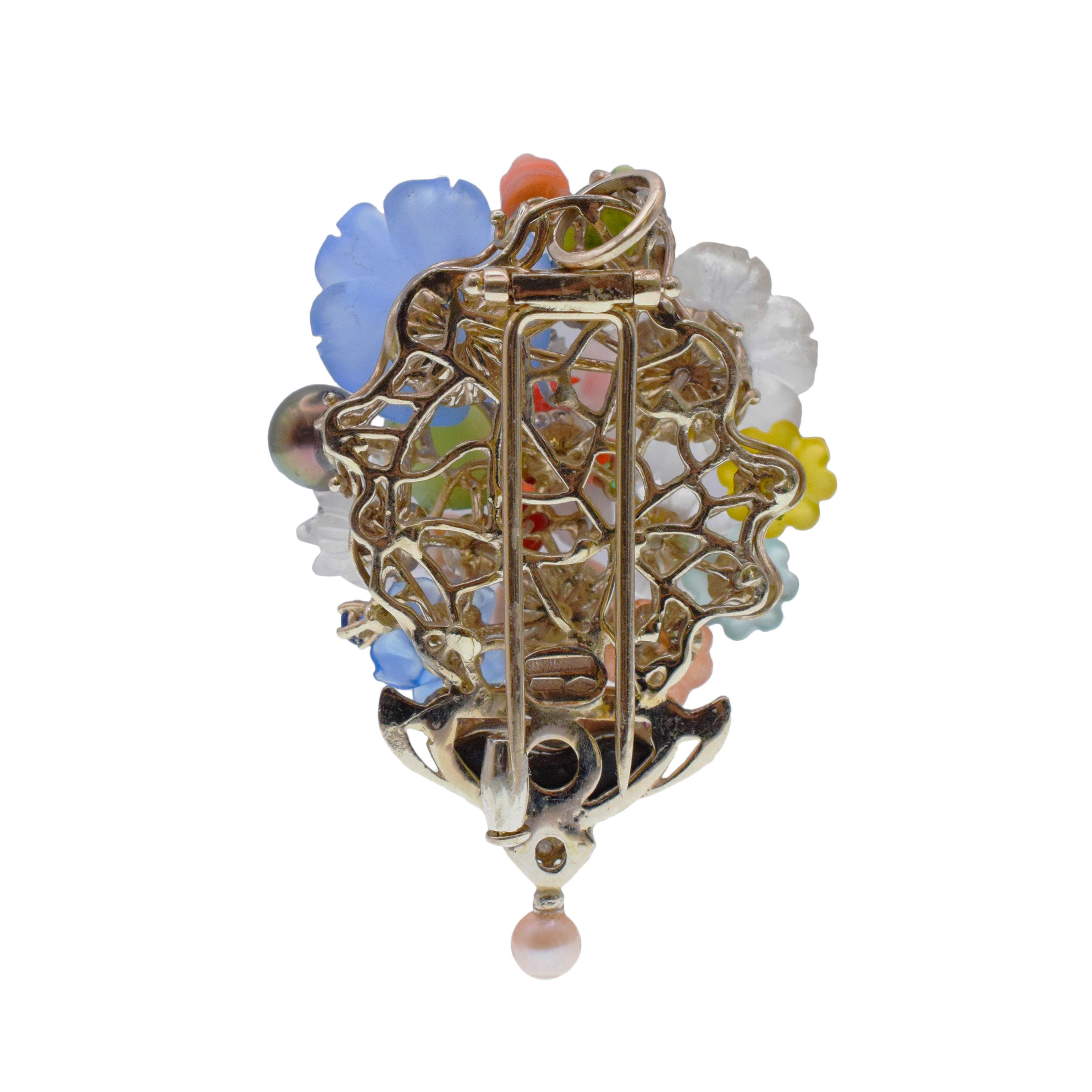 Santagostino Colorful Flower Buquet Brooch/Pendant In 18k White Gold