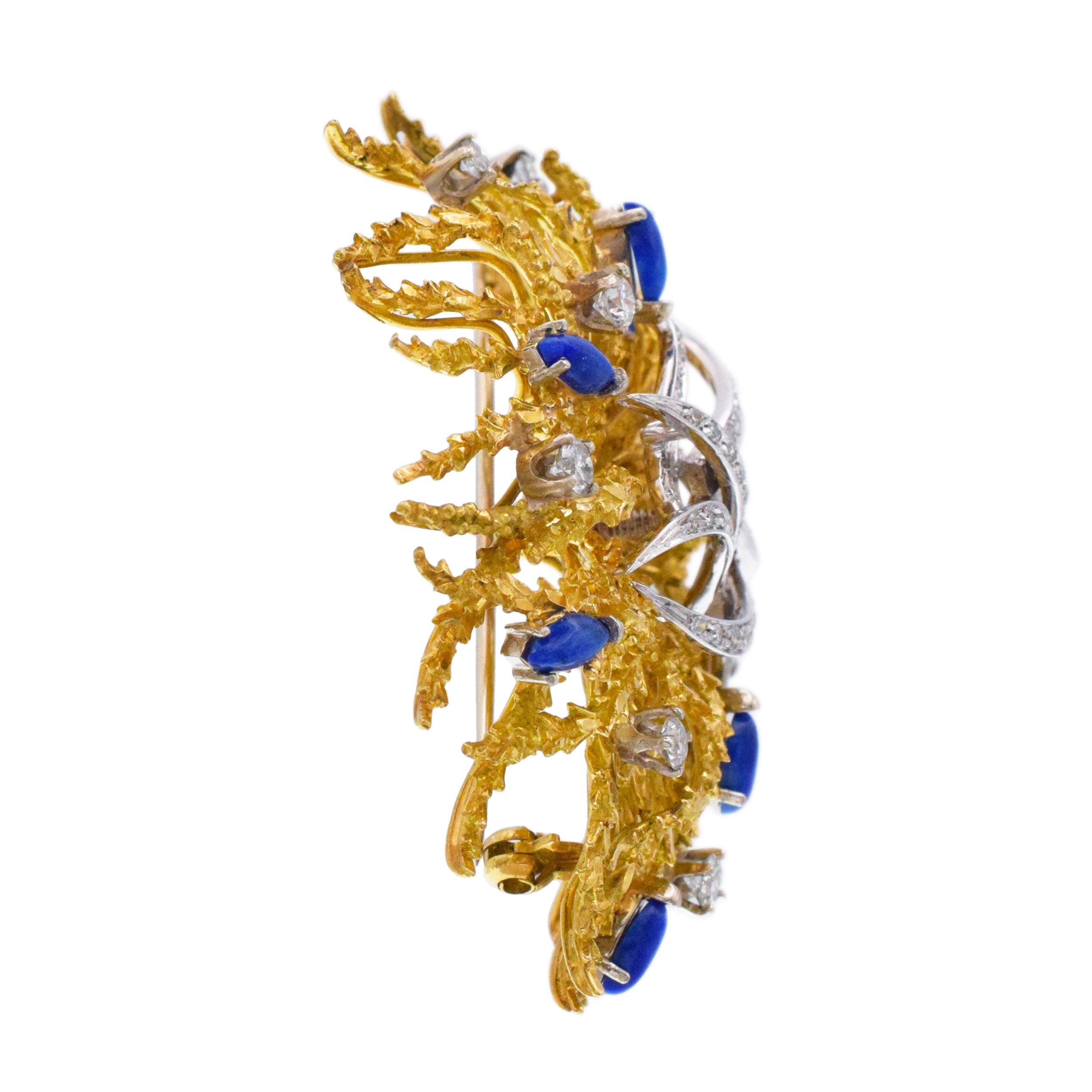 1970's Nature-Inspired Diamond And Lapis Lazuli Brooch In Gold