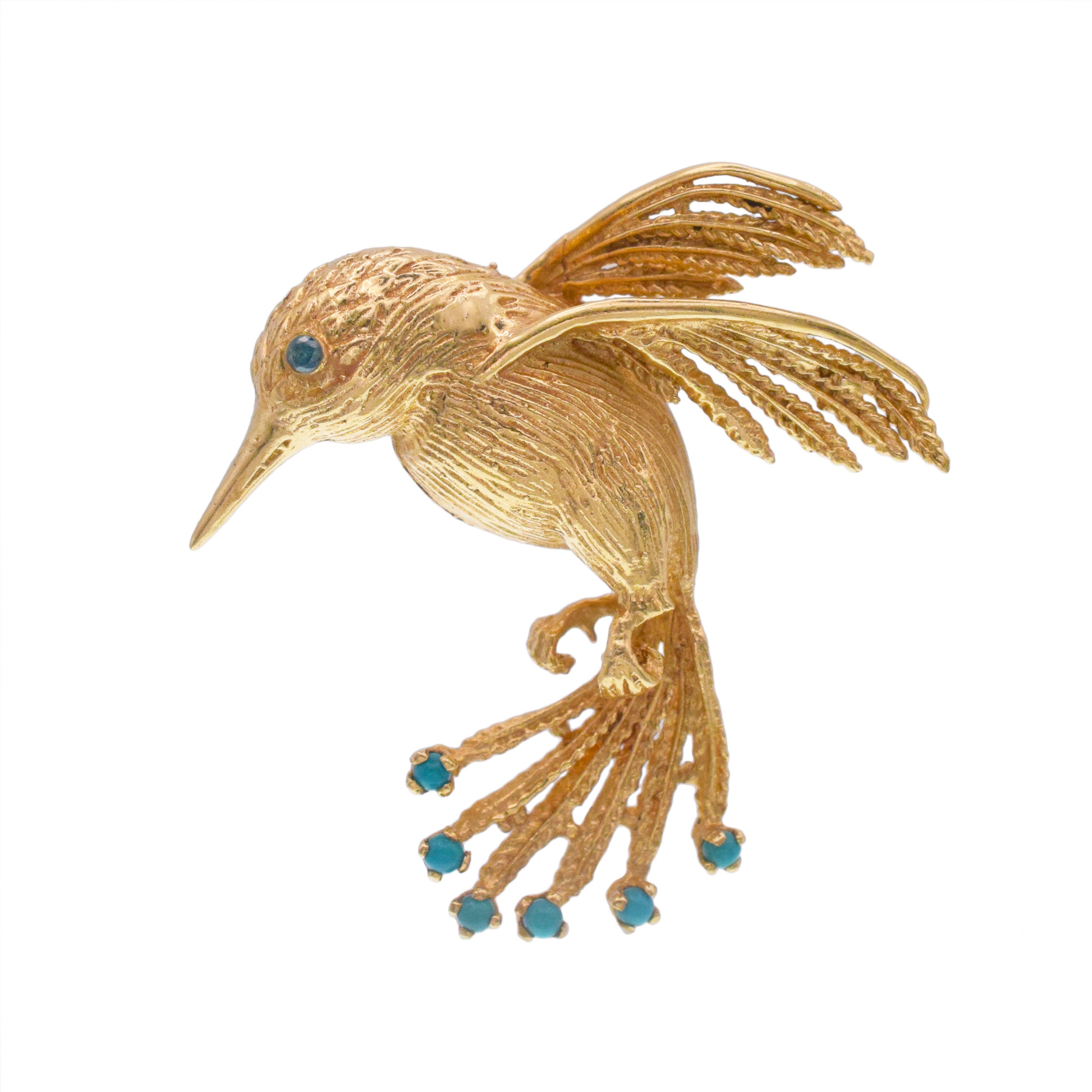 Hummingbird brooch in 14k yellow gold with gem accents