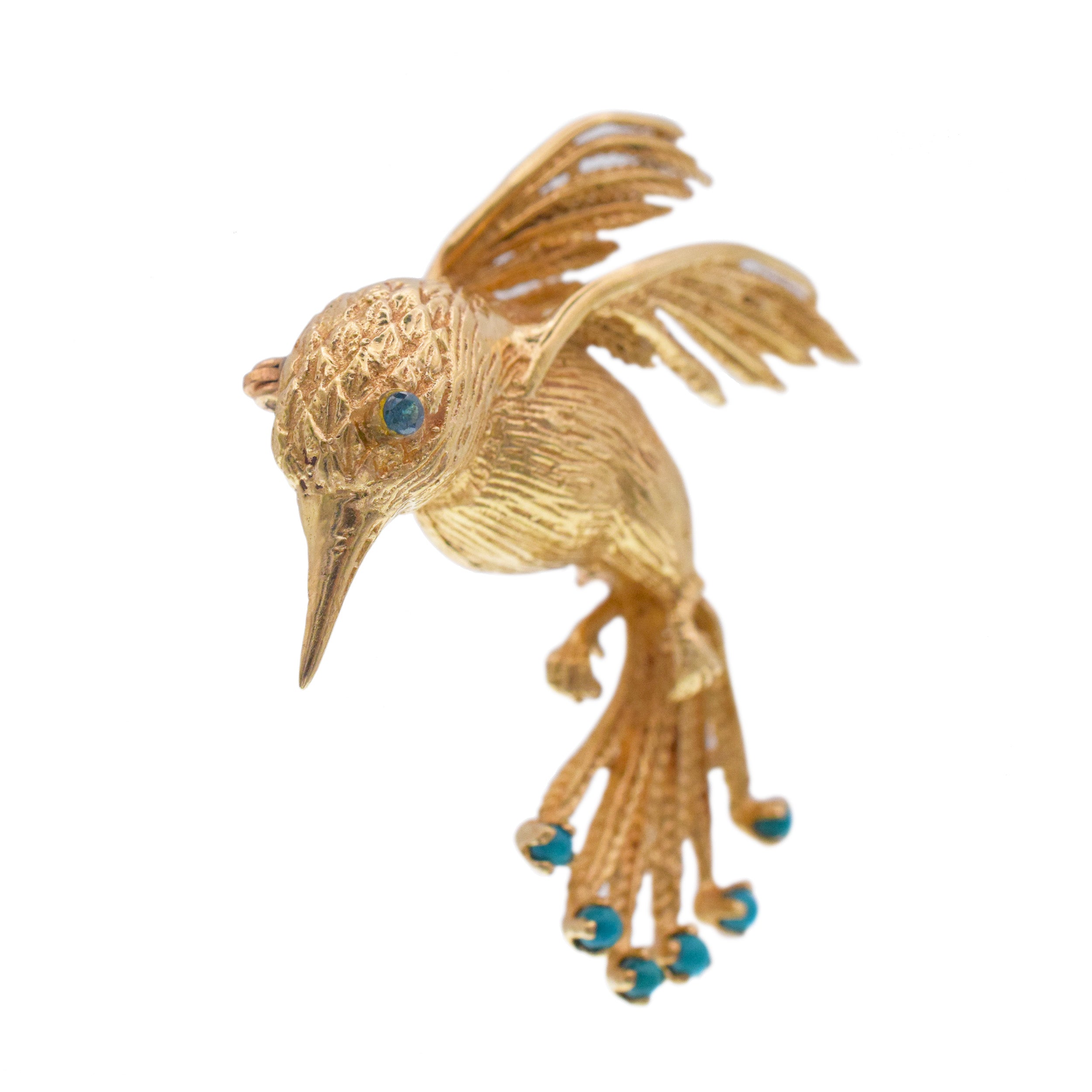 Hummingbird brooch in 14k yellow gold with gem accents