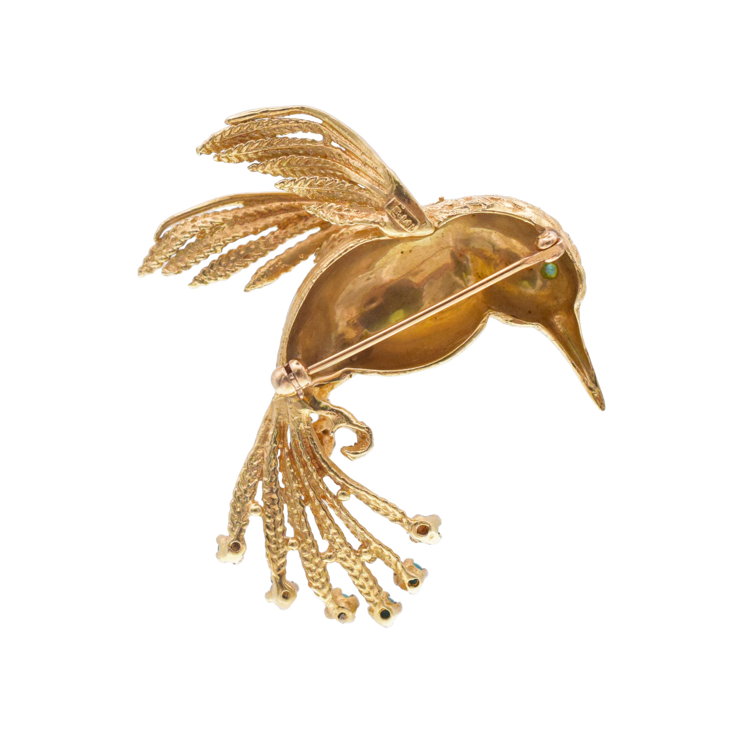 Hummingbird brooch in 14k yellow gold with gem accents
