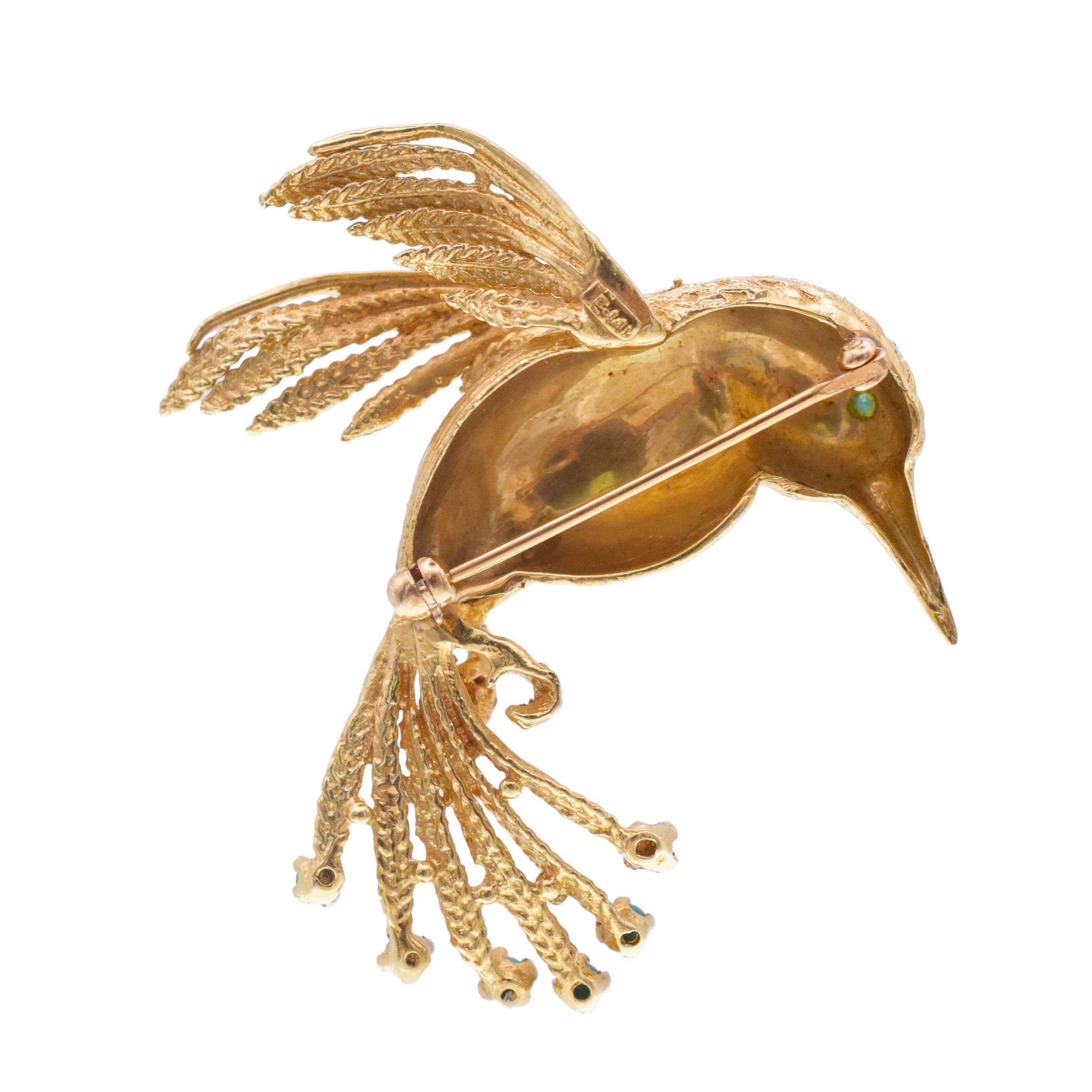Hummingbird brooch in 14k yellow gold with gem accents
