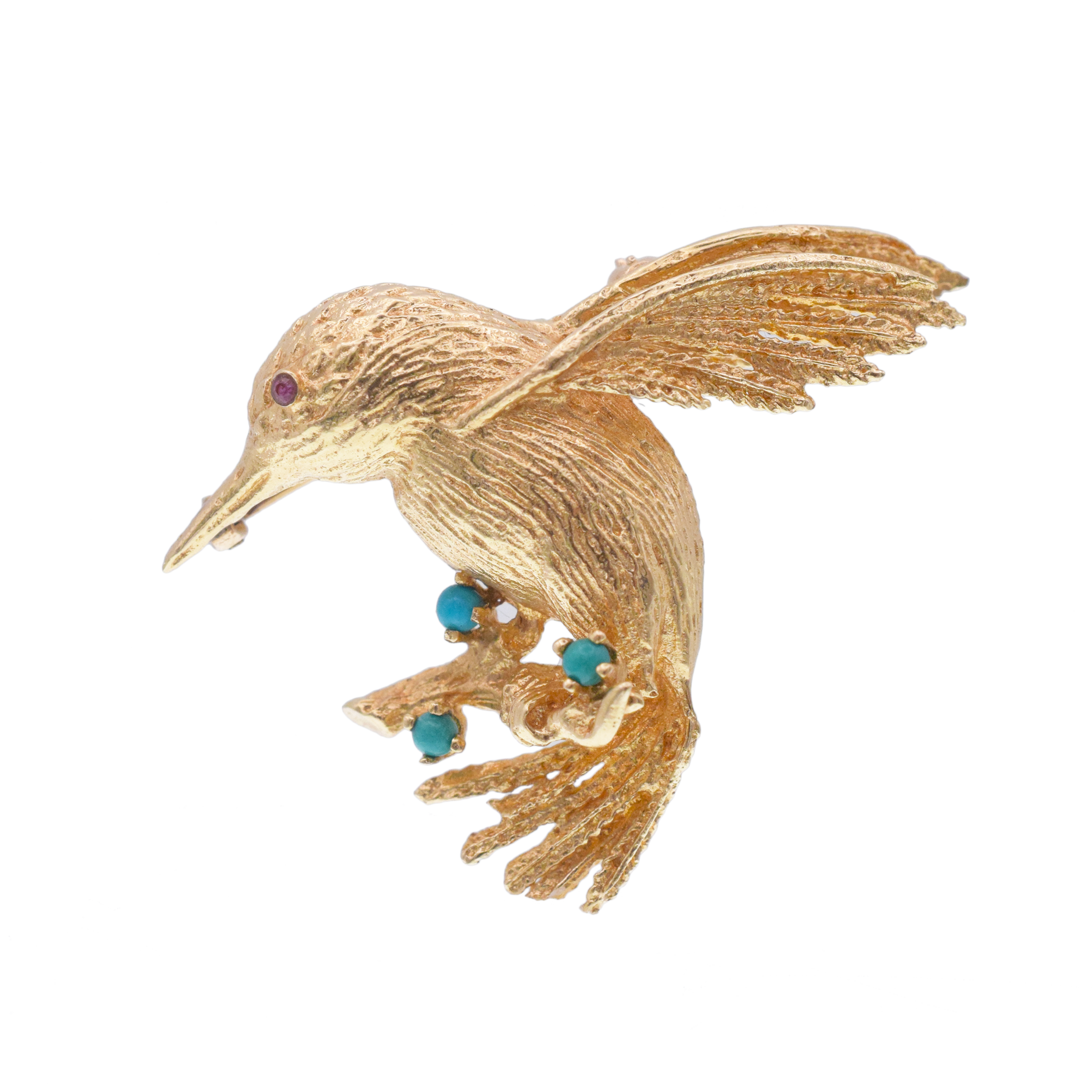 Hummingbird brooch in 12.8k yellow gold with gem accents