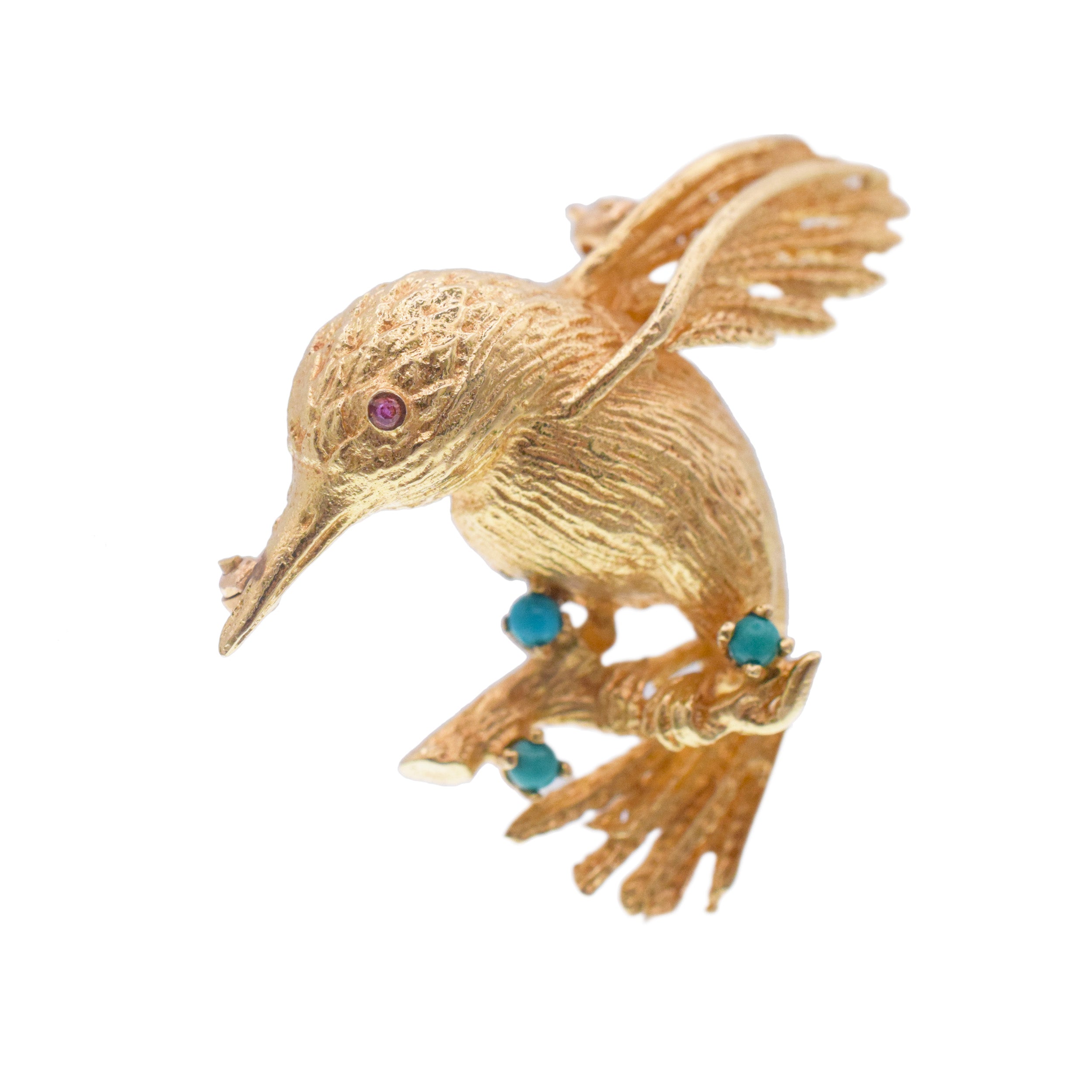 Hummingbird brooch in 12.8k yellow gold with gem accents