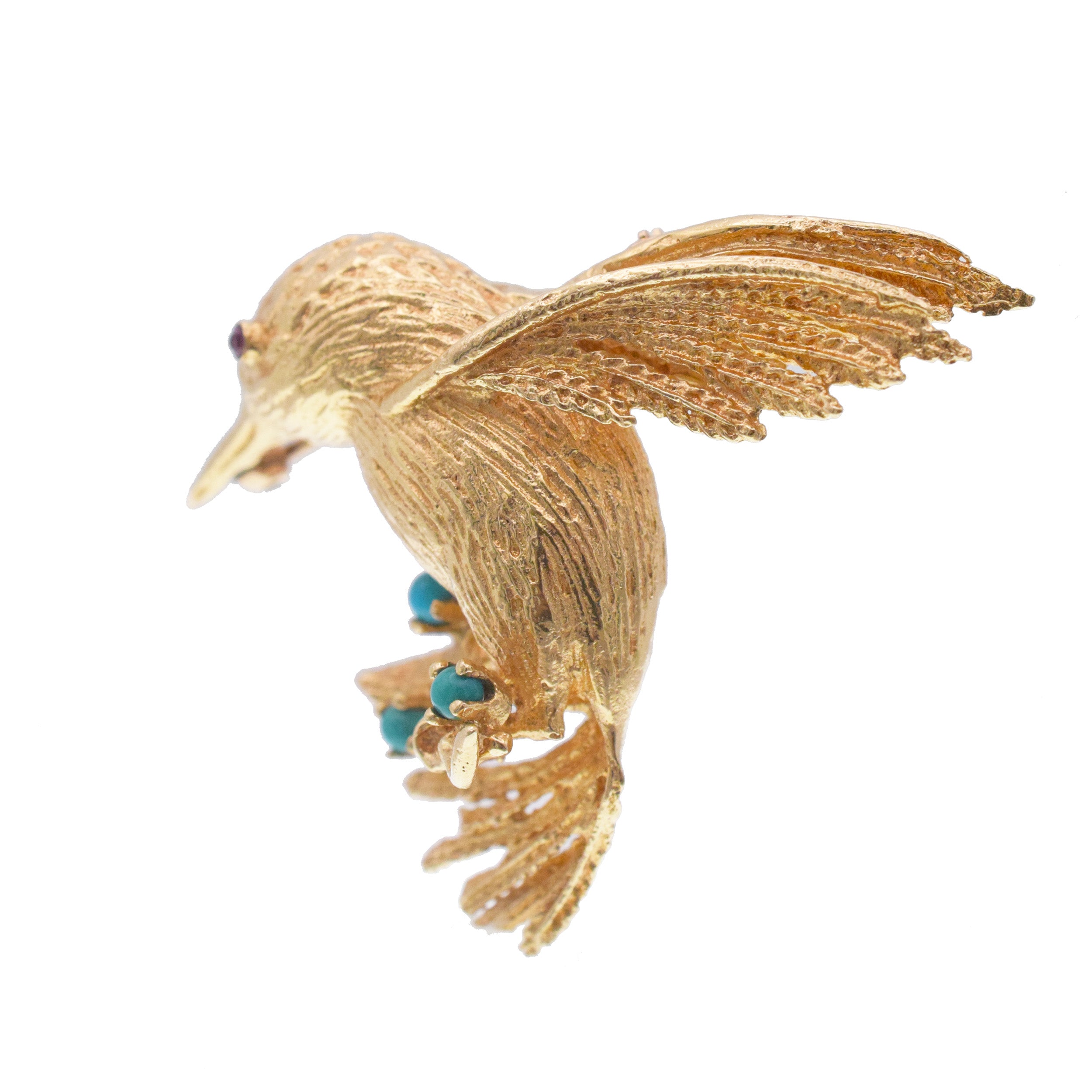 Hummingbird brooch in 12.8k yellow gold with gem accents