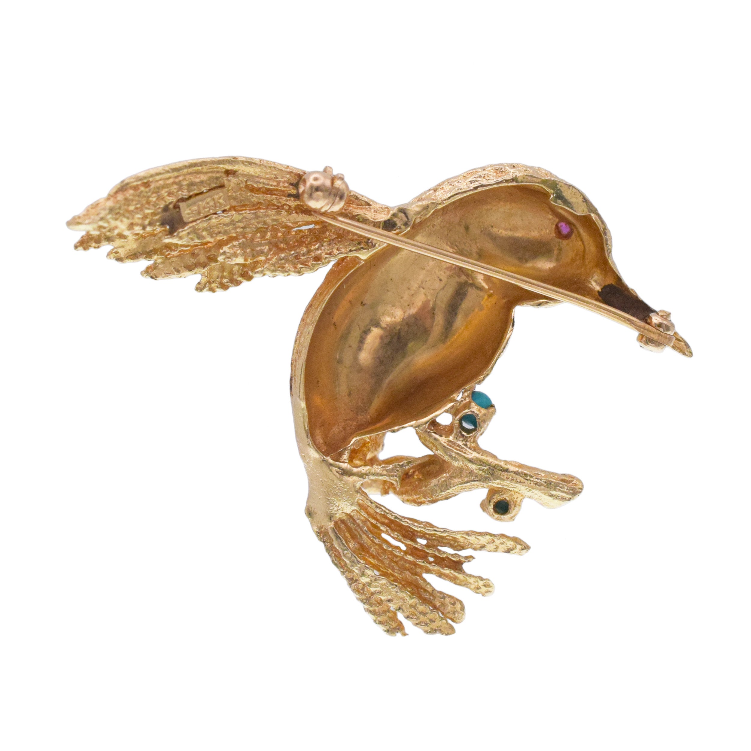 Hummingbird brooch in 12.8k yellow gold with gem accents
