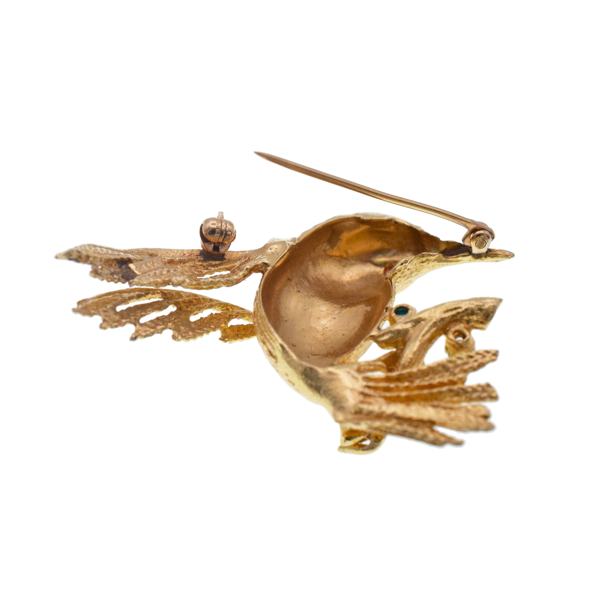 Hummingbird brooch in 12.8k yellow gold with gem accents