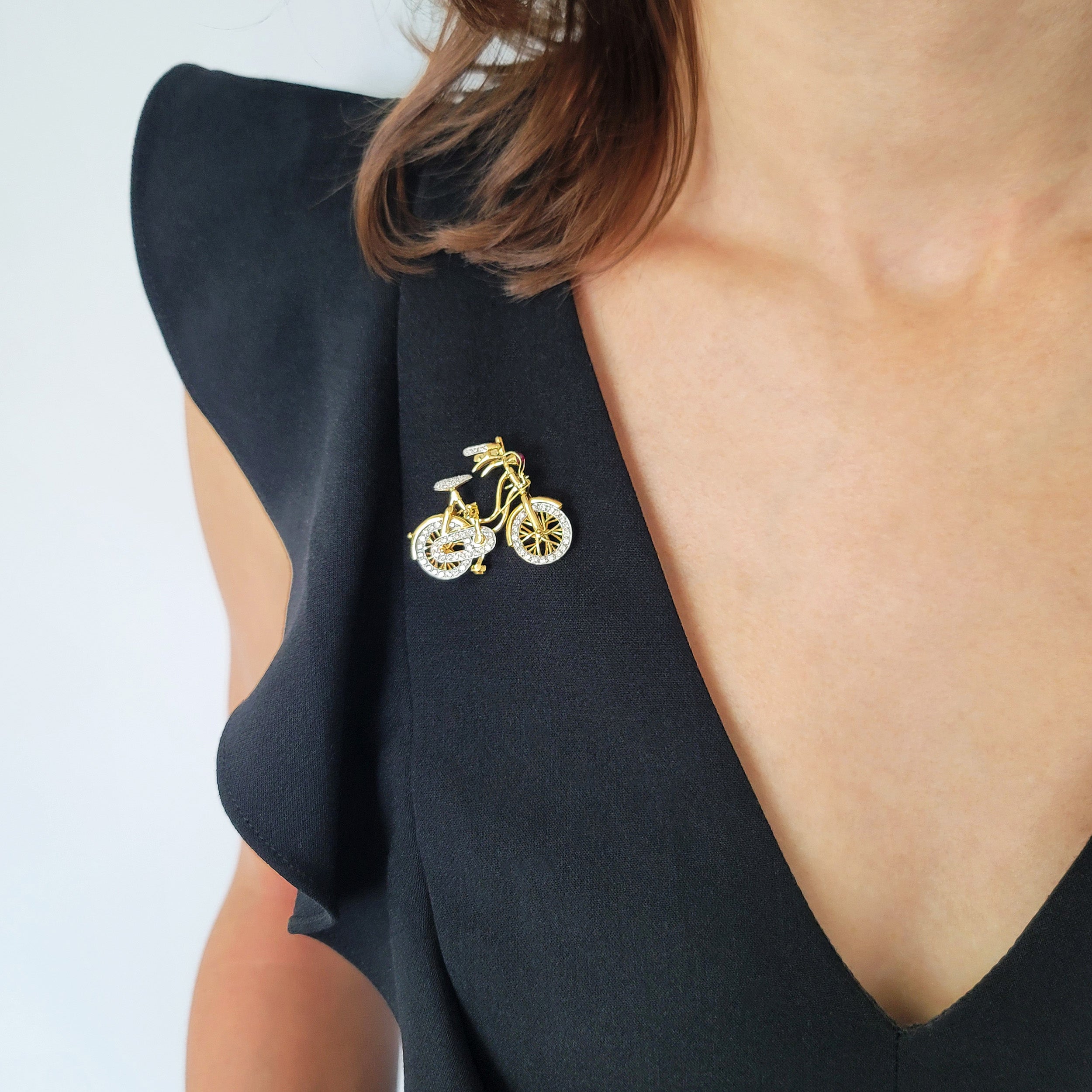 Diamond And Ruby Bicycle Brooch In 18k Yellow Gold