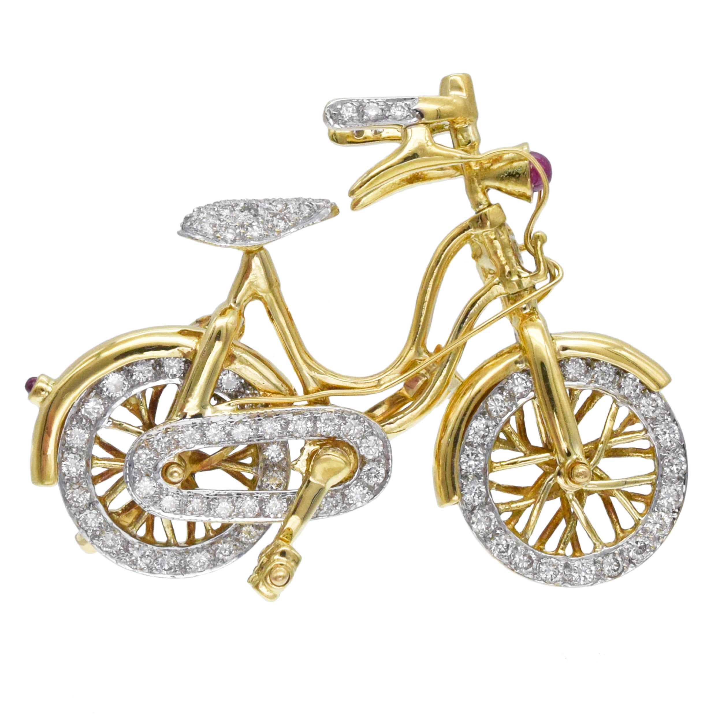 Diamond And Ruby Bicycle Brooch In 18k Yellow Gold