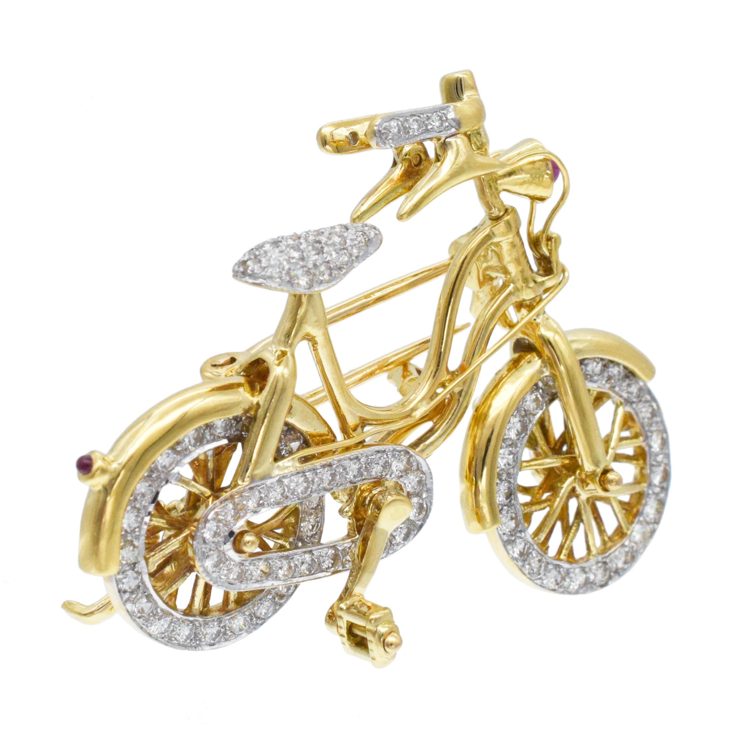 Diamond And Ruby Bicycle Brooch In 18k Yellow Gold