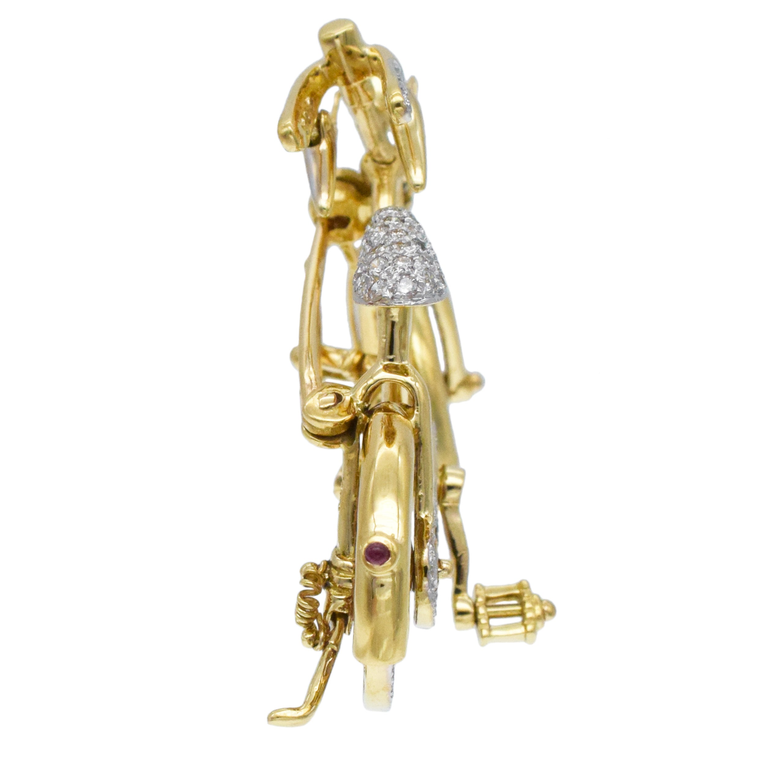 Diamond And Ruby Bicycle Brooch In 18k Yellow Gold